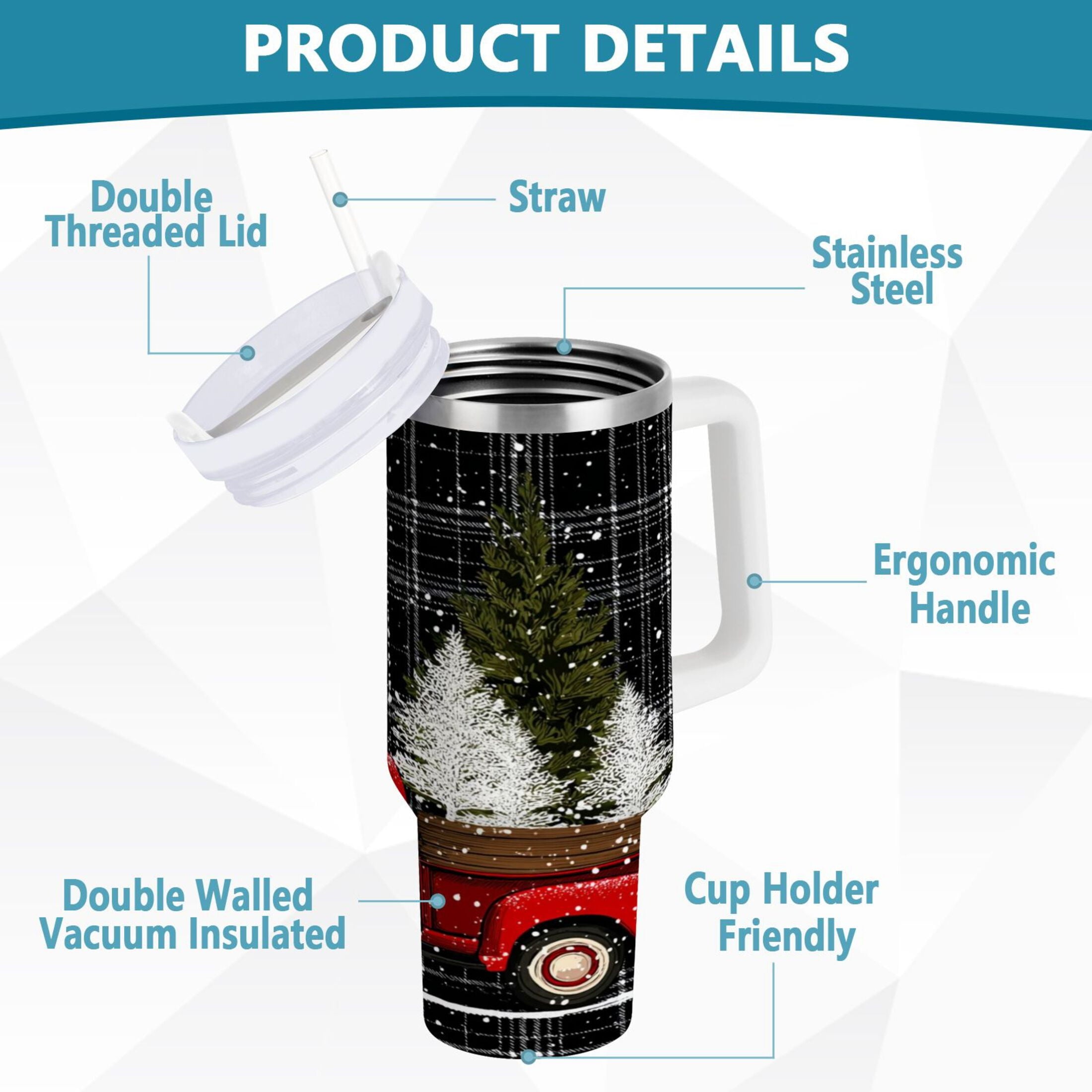40 oz Insulated Stainless Steel Tumbler Double Wall Stainless Steel Tumbler with 2-Way Drinking Red Truck with Christmas Tree - D5ZO