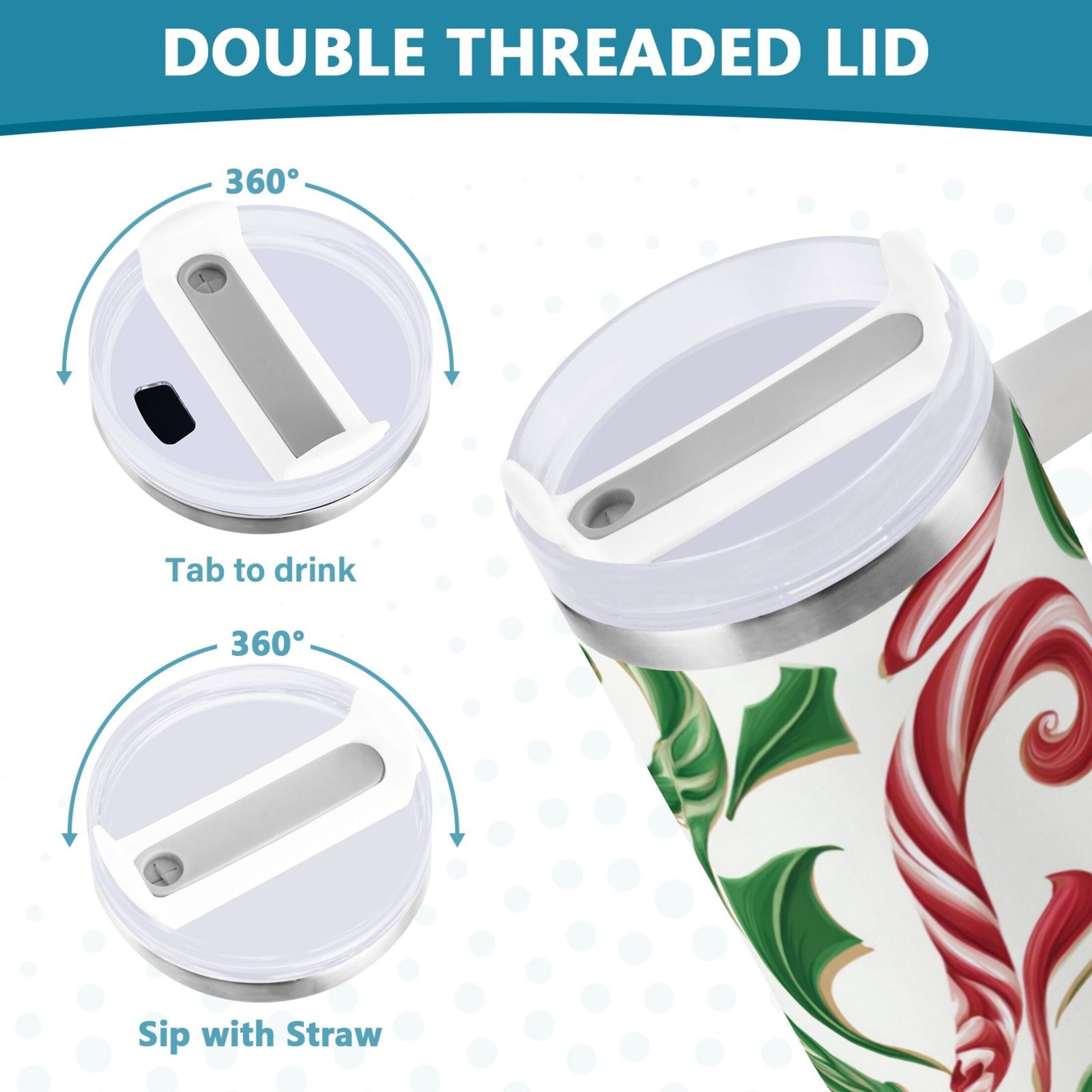 40 oz Insulated Stainless Steel Tumbler Double Wall Stainless Steel Tumbler with 2-Way Drinking Red and Green Candy-cane - 6PUG