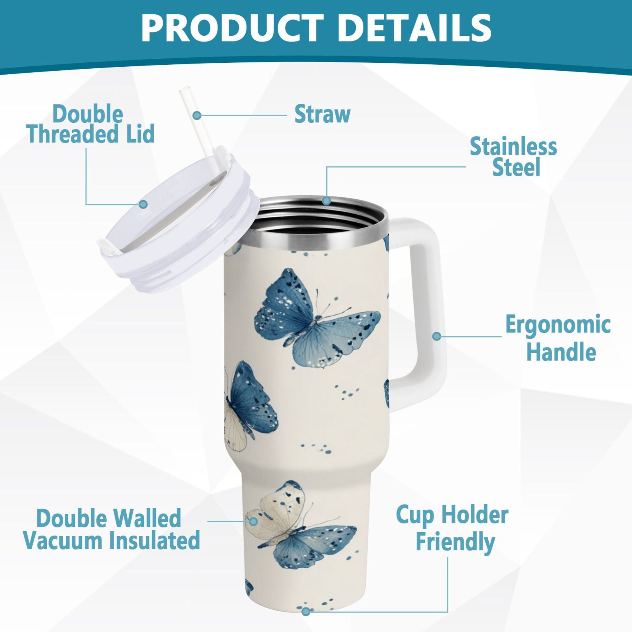 30 oz Insulated Stainless Steel Tumbler Double Wall Stainless Steel Tumbler with 2-Way Drinking Blue Watercolor Butterflies - 9R6X