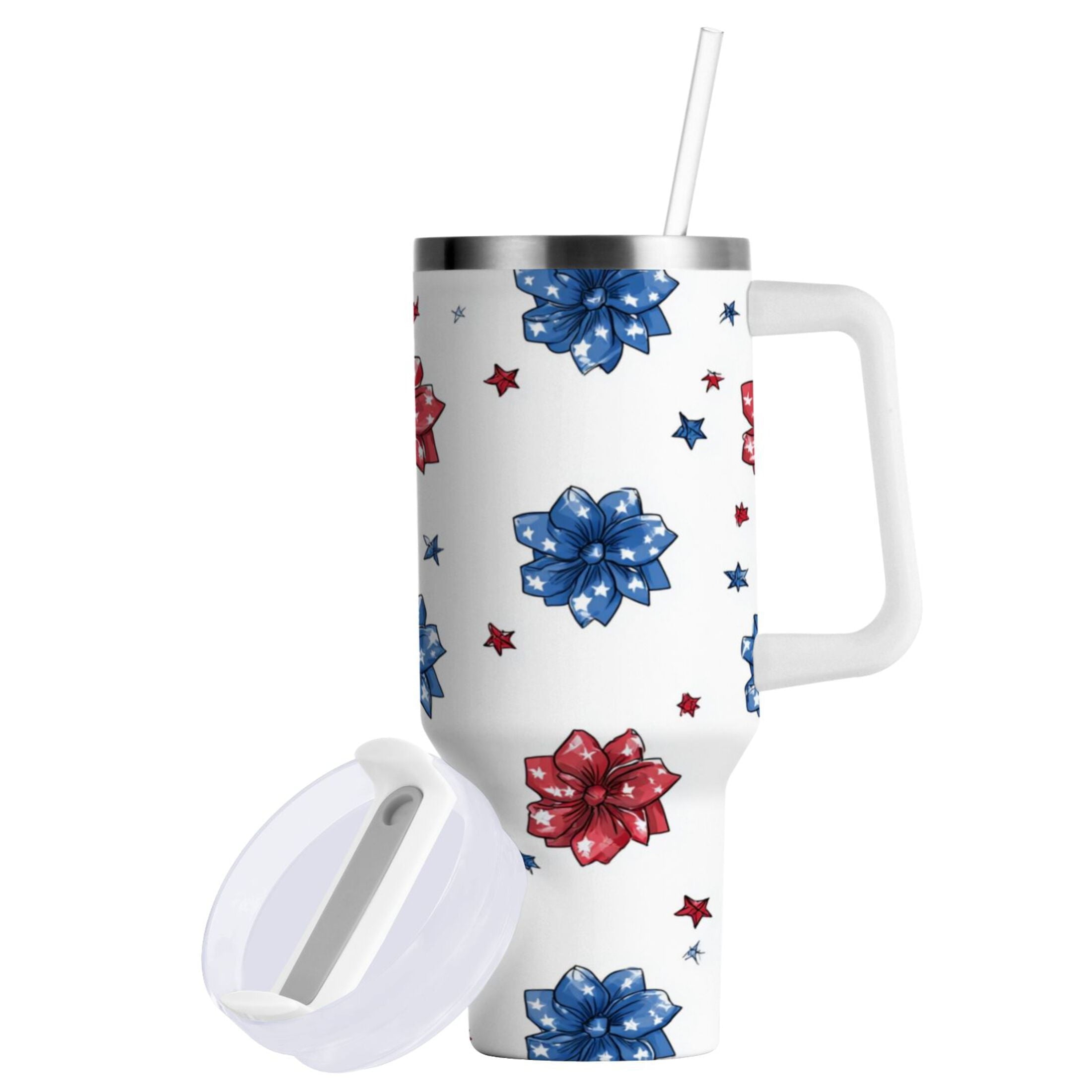 40 oz Insulated Stainless Steel Tumbler Double Wall Stainless Steel Tumbler with 2-Way Drinking Stars and Stripes Puttern Flower - 209D