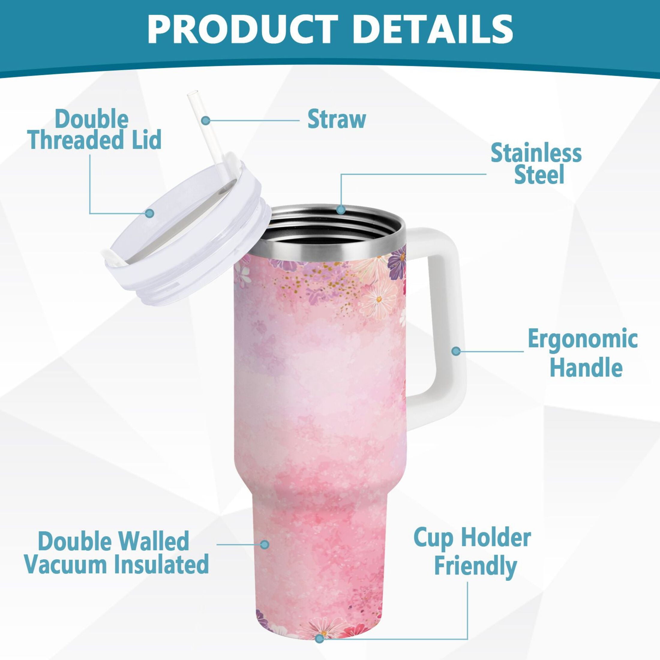 30 oz Insulated Stainless Steel Tumbler Double Wall Stainless Steel Tumbler with 2-Way Drinking Colorful Pastel Floral Pattern - CA88