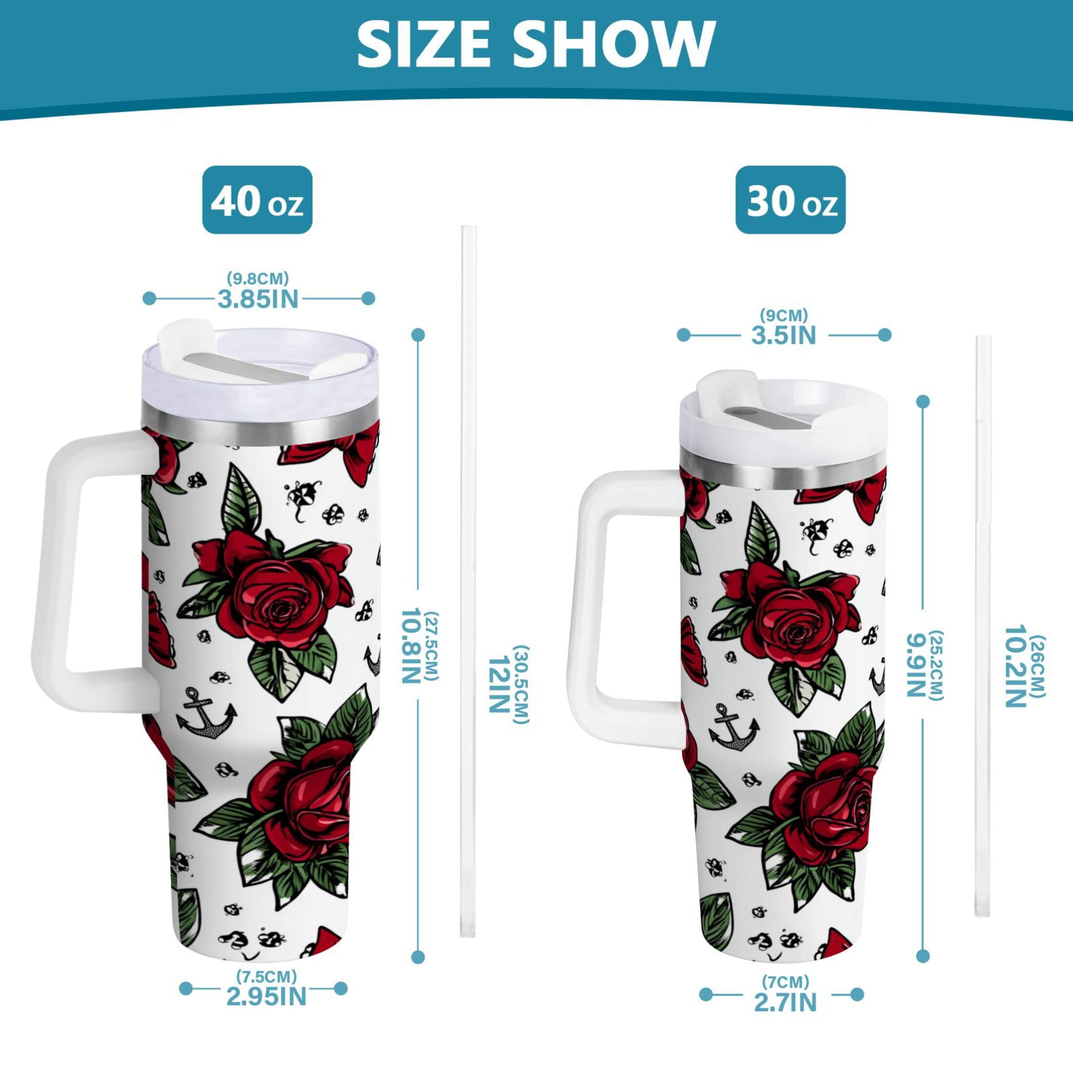 40 oz Insulated Stainless Steel Tumbler Double Wall Stainless Steel Tumbler with 2-Way Drinking Red Roses and Cherries - 27II