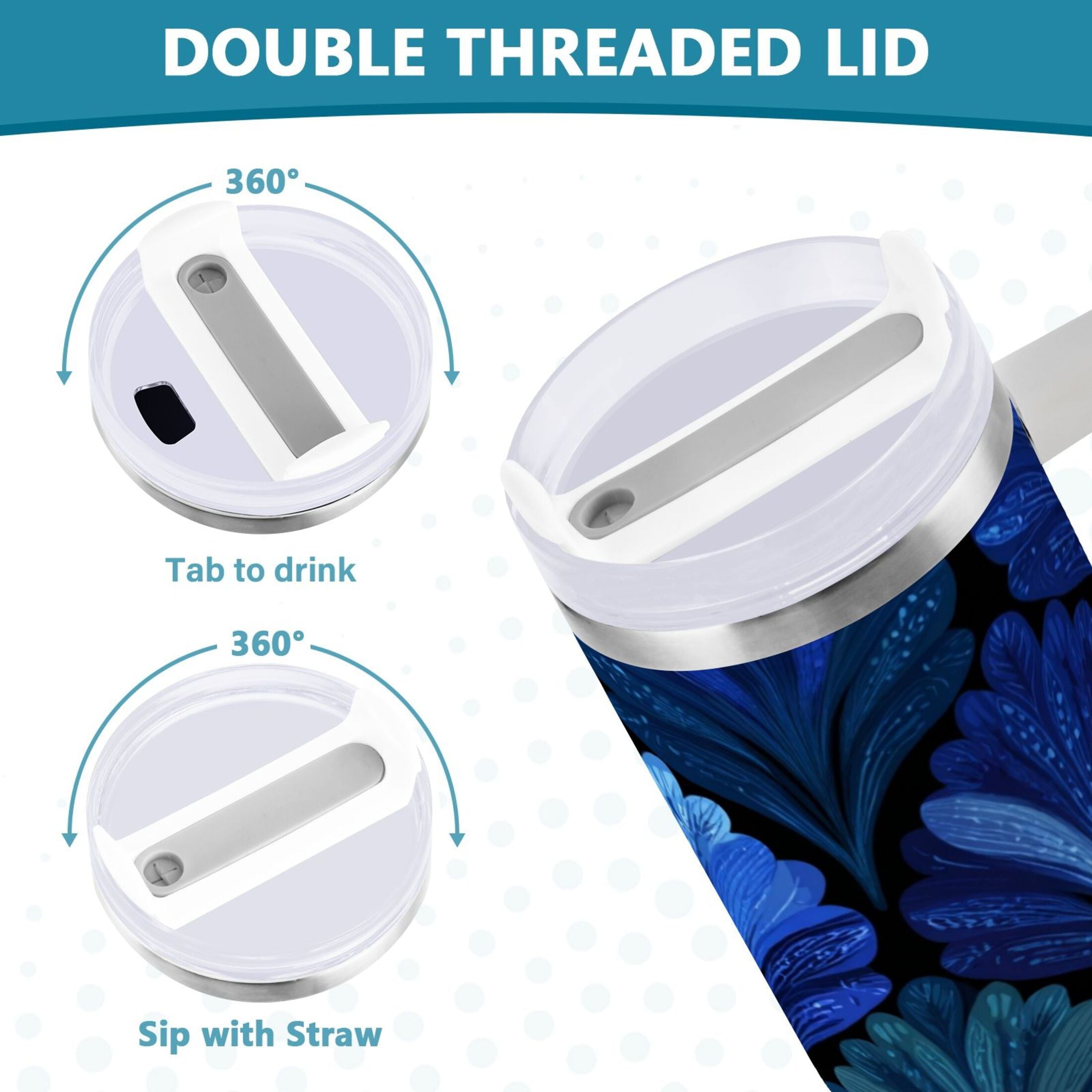 30 oz Insulated Stainless Steel Tumbler Double Wall Stainless Steel Tumbler with 2-Way Drinking Blue Batik Leaves Pattern - OM7T