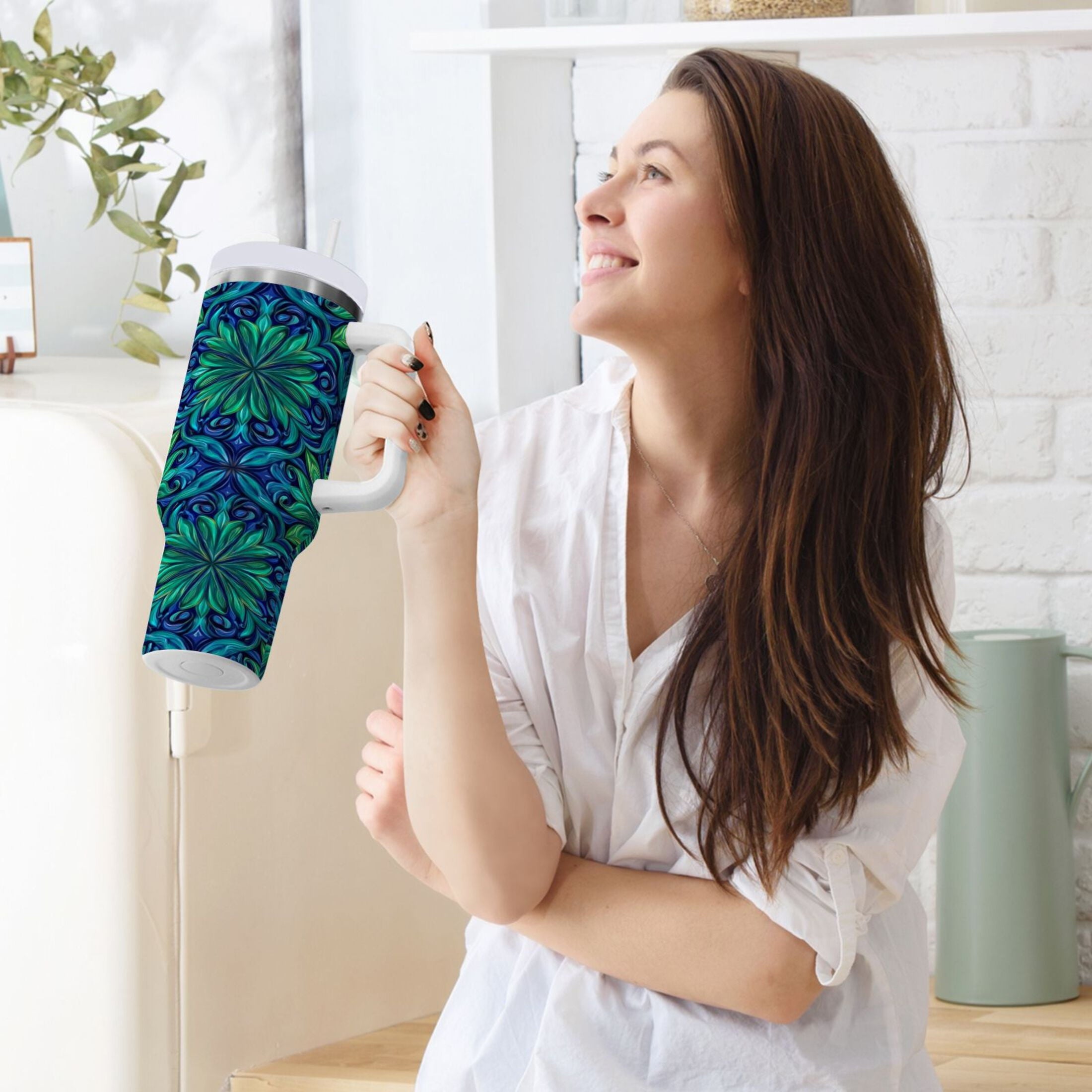 40 oz Insulated Stainless Steel Tumbler Double Wall Stainless Steel Tumbler with 2-Way Drinking Elegant Blue Traditional Patterns - VPY3