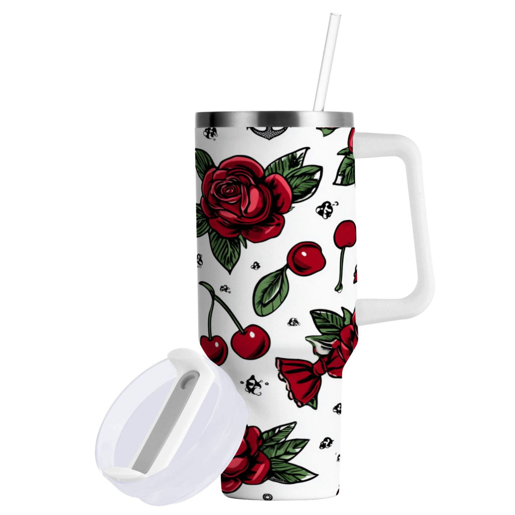 40 oz Insulated Stainless Steel Tumbler Double Wall Stainless Steel Tumbler with 2-Way Drinking Red Roses and Cherries - 27II