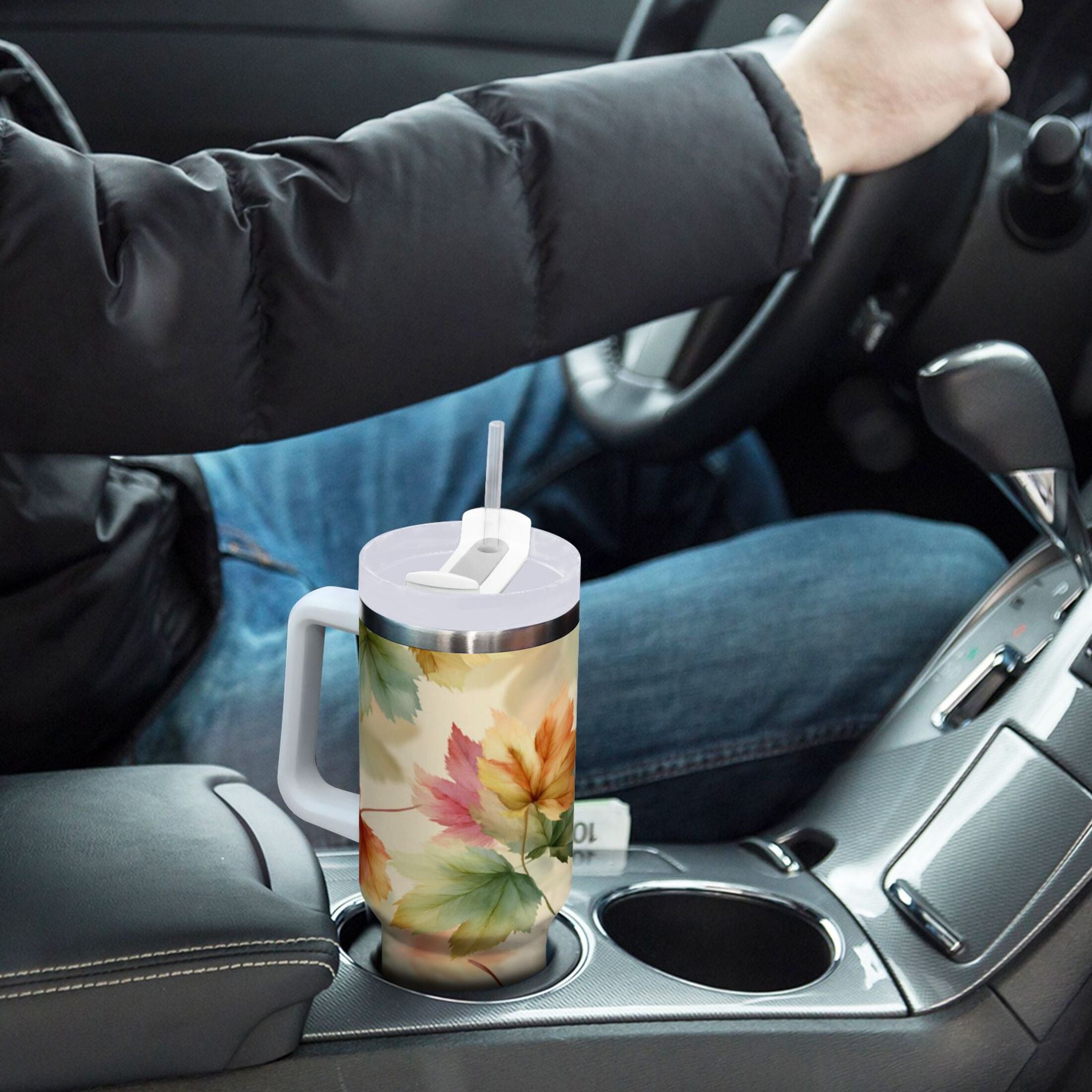 40 oz Insulated Stainless Steel Tumbler Double Wall Stainless Steel Tumbler with 2-Way Drinking Watercolor Maple Leaves Pattern - 9E9C