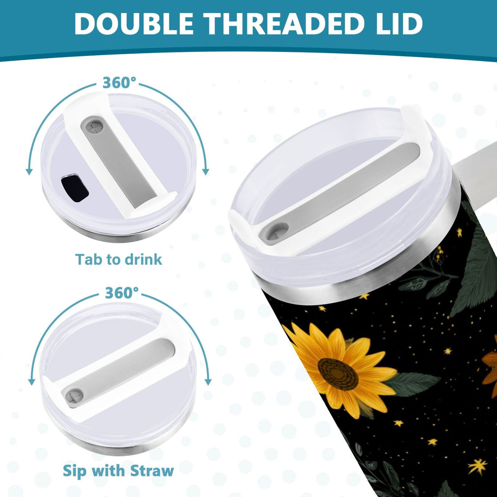 30 oz Insulated Stainless Steel Tumbler Double Wall Stainless Steel Tumbler with 2-Way Drinking Yellow Sunflower Pattern - REZR