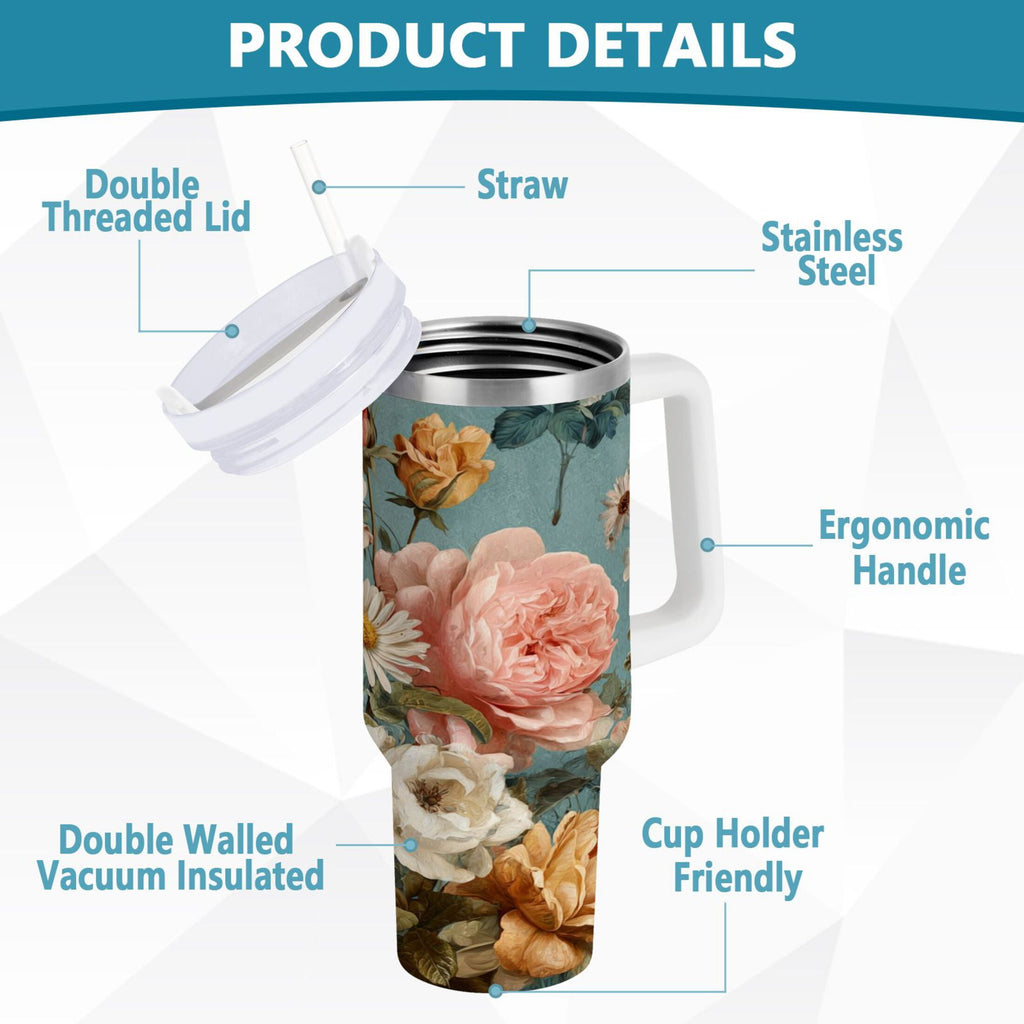 30 oz Insulated Stainless Steel Tumbler Double Wall Stainless Steel Tumbler with 2-Way Drinking Vintage Roses and Peonies - DZ0L