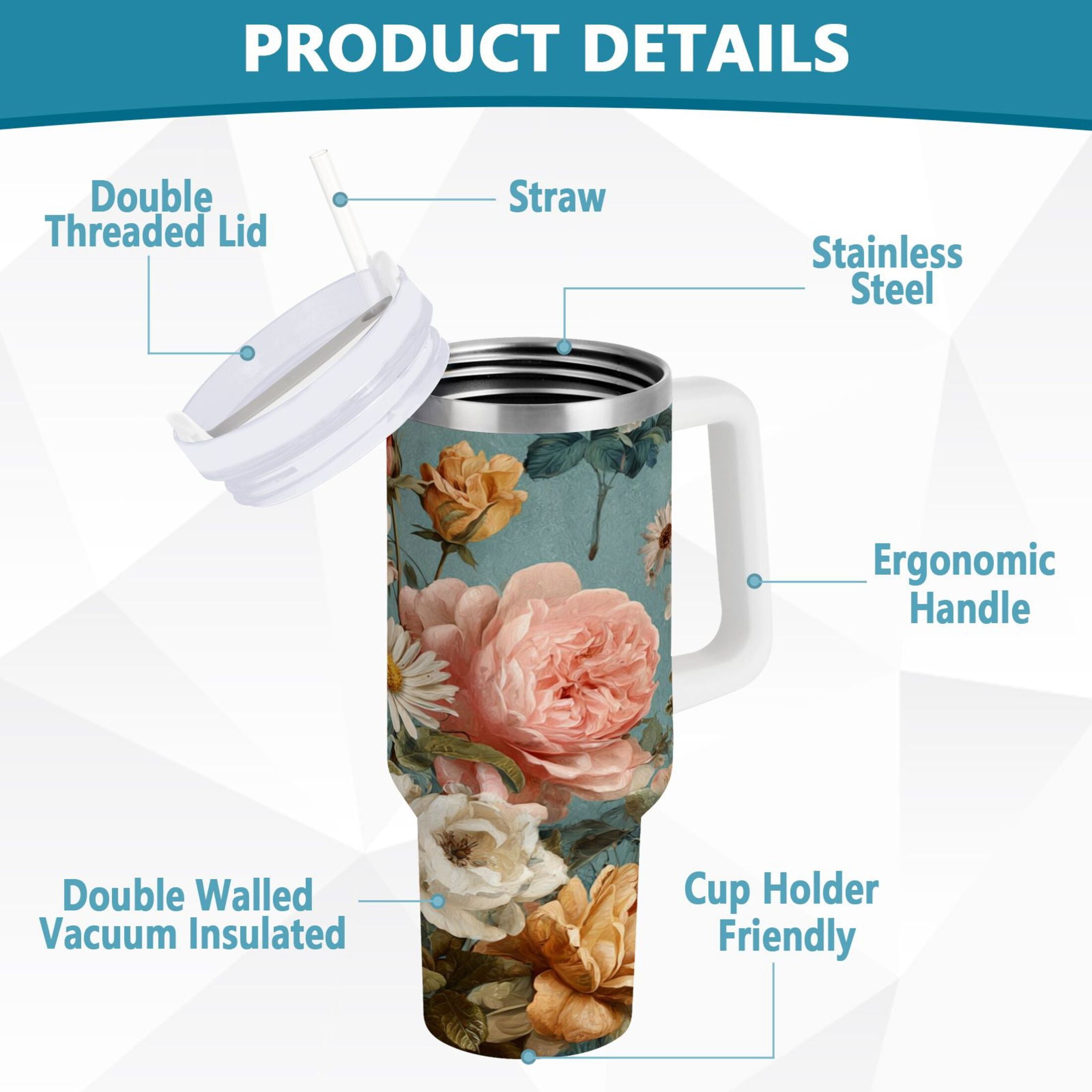 30 oz Insulated Stainless Steel Tumbler Double Wall Stainless Steel Tumbler with 2-Way Drinking Vintage Roses and Peonies - DZ0L