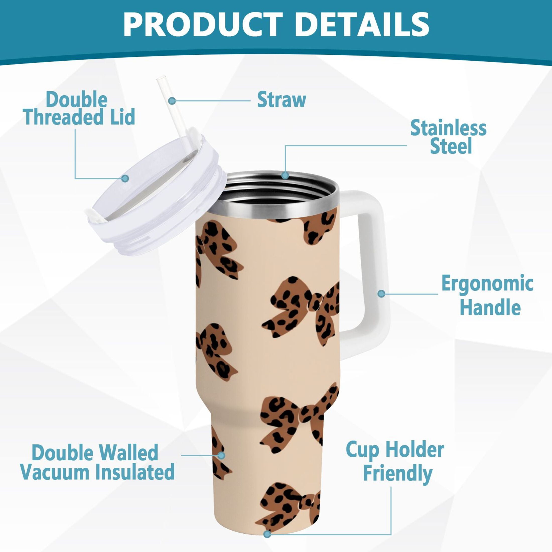 30 oz Insulated Stainless Steel Tumbler Double Wall Stainless Steel Tumbler with 2-Way Drinking Cute Brown Bow - C1BJ