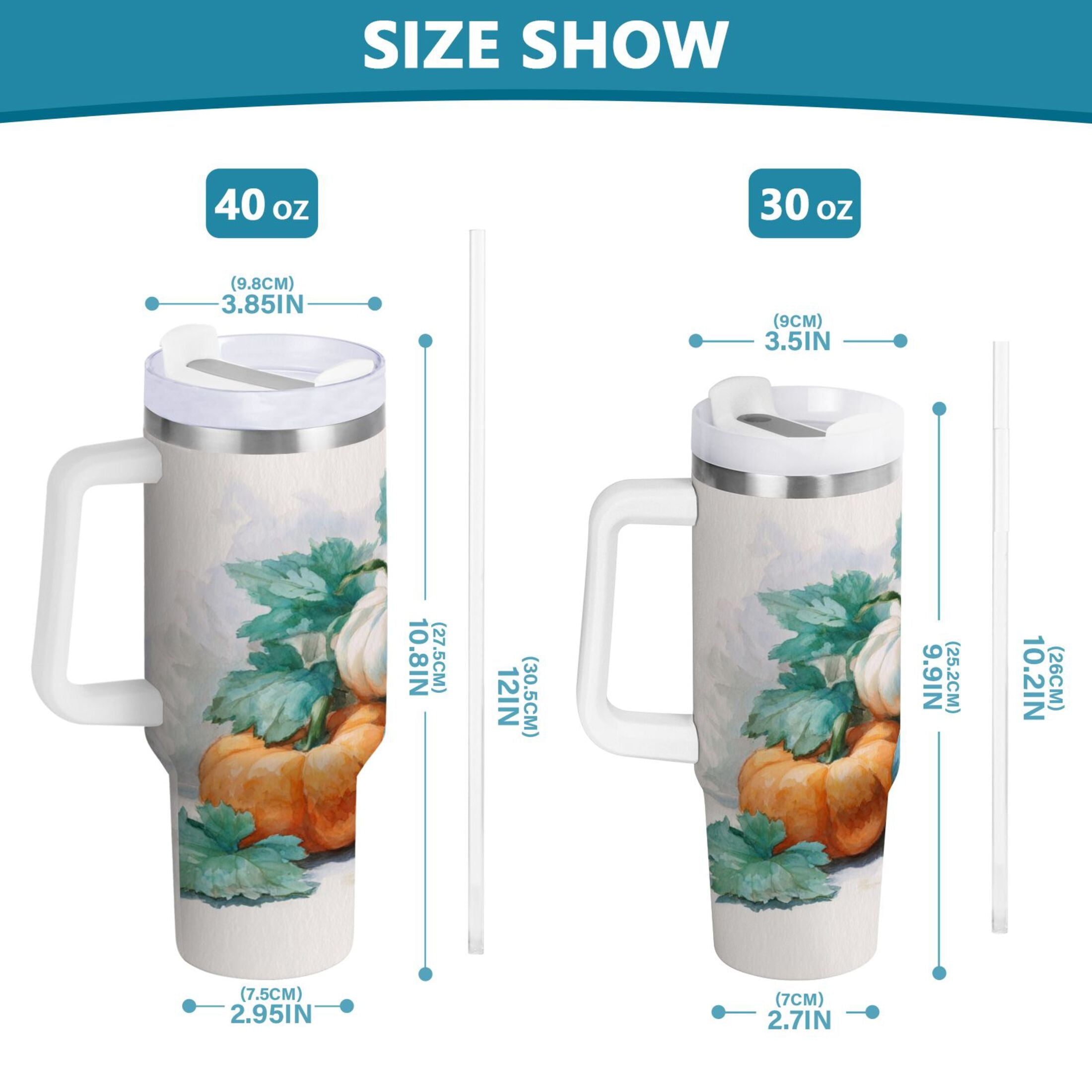 40 oz Insulated Stainless Steel Tumbler Double Wall Stainless Steel Tumbler with 2-Way Drinking Watercolor Pumpkins and Leaves - MQ2N