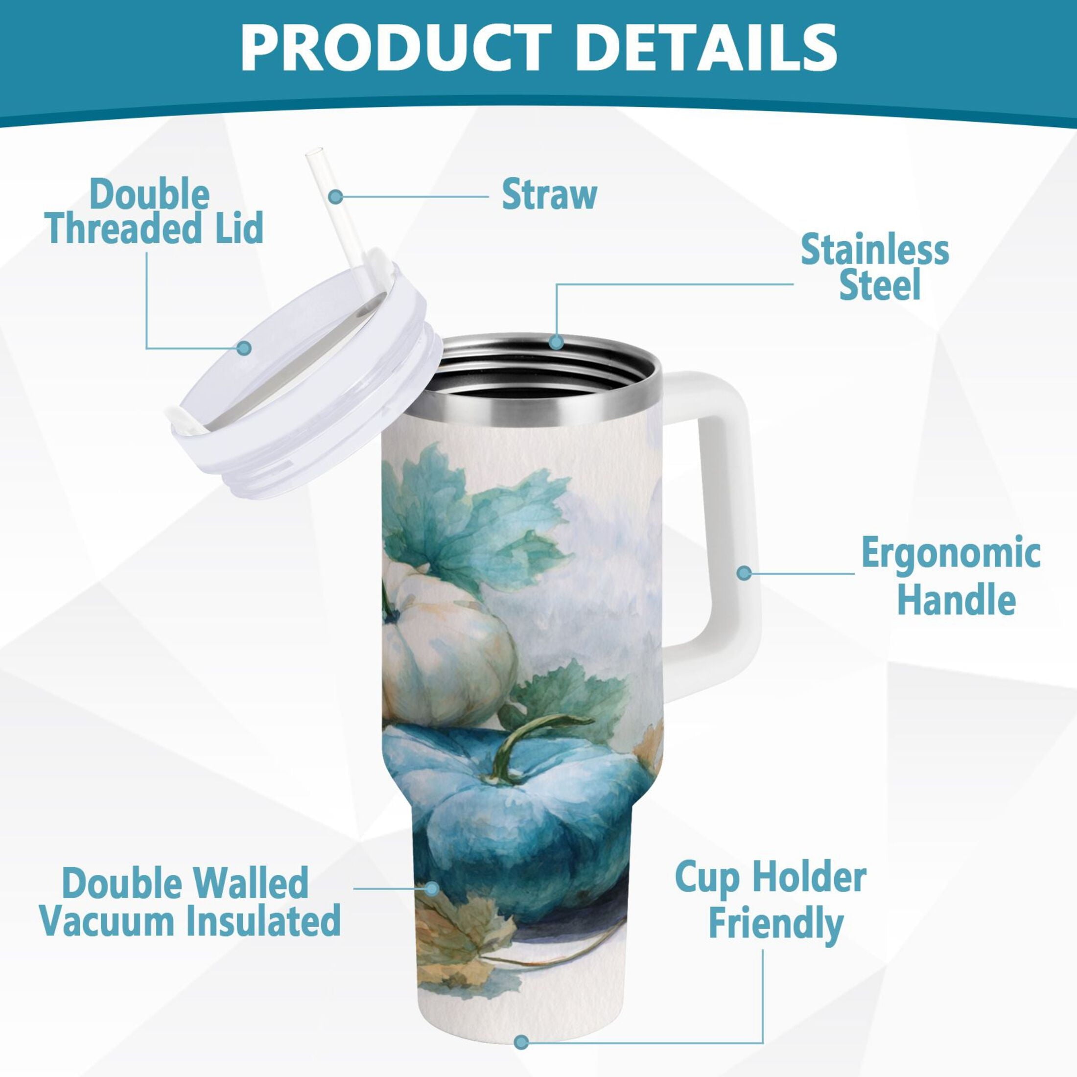 40 oz Insulated Stainless Steel Tumbler Double Wall Stainless Steel Tumbler with 2-Way Drinking Watercolor Pumpkins and Leaves - MQ2N