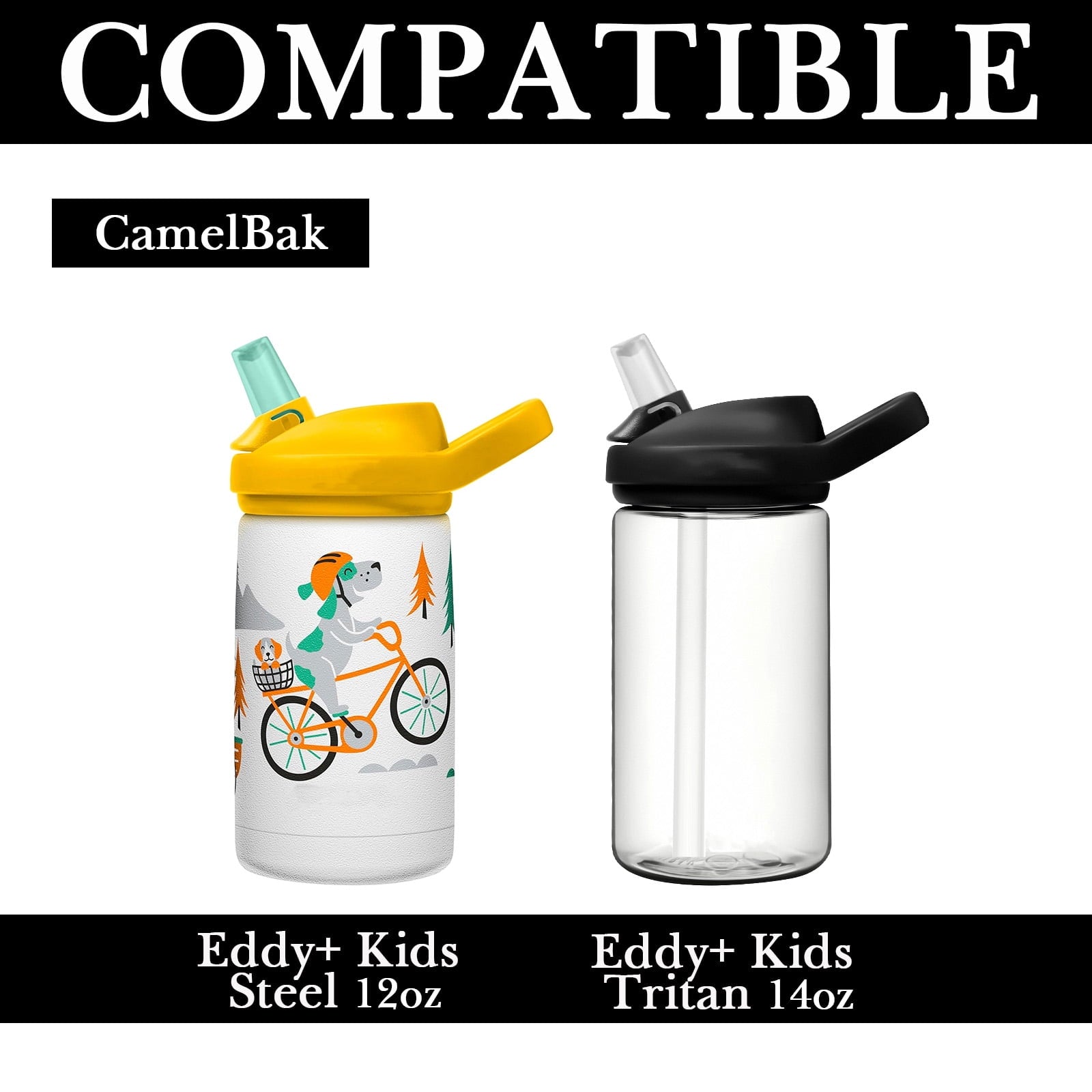 Linkidea Water Bottle Sleeve Compatible with CamelBak Eddy+ Tritan 14oz, Steel 12oz Kids Bottle, Waterbottle Holder Bag with Name Tag, Black - HIBB