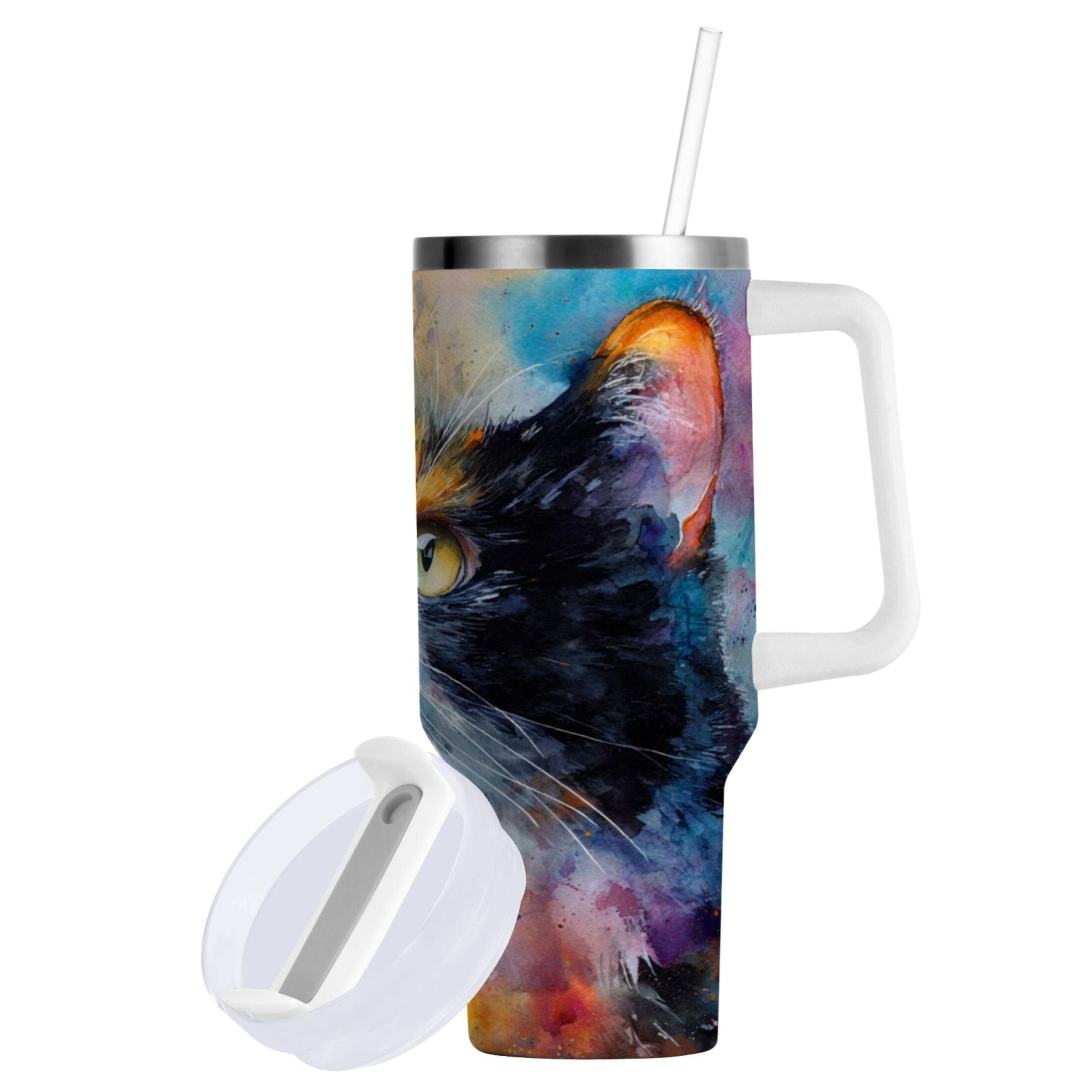 30 oz Insulated Stainless Steel Tumbler Double Wall Stainless Steel Tumbler with 2-Way Drinking Watercolor Calico Cat - W835