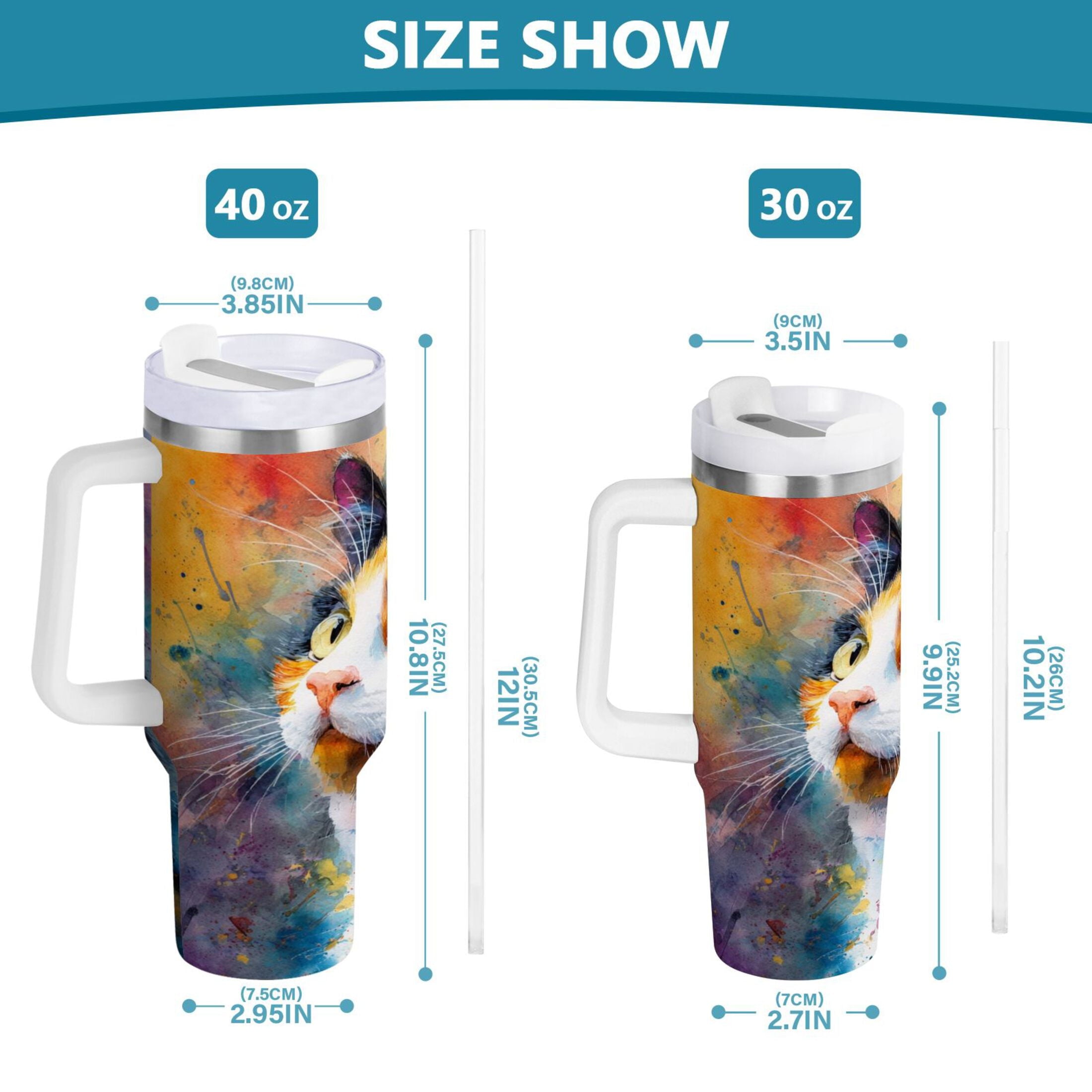 30 oz Insulated Stainless Steel Tumbler Double Wall Stainless Steel Tumbler with 2-Way Drinking Watercolor Calico Cat - W835