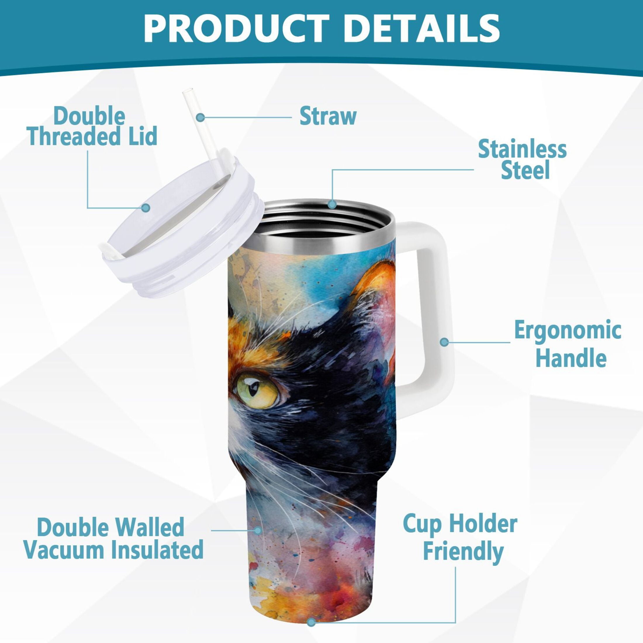 30 oz Insulated Stainless Steel Tumbler Double Wall Stainless Steel Tumbler with 2-Way Drinking Watercolor Calico Cat - W835