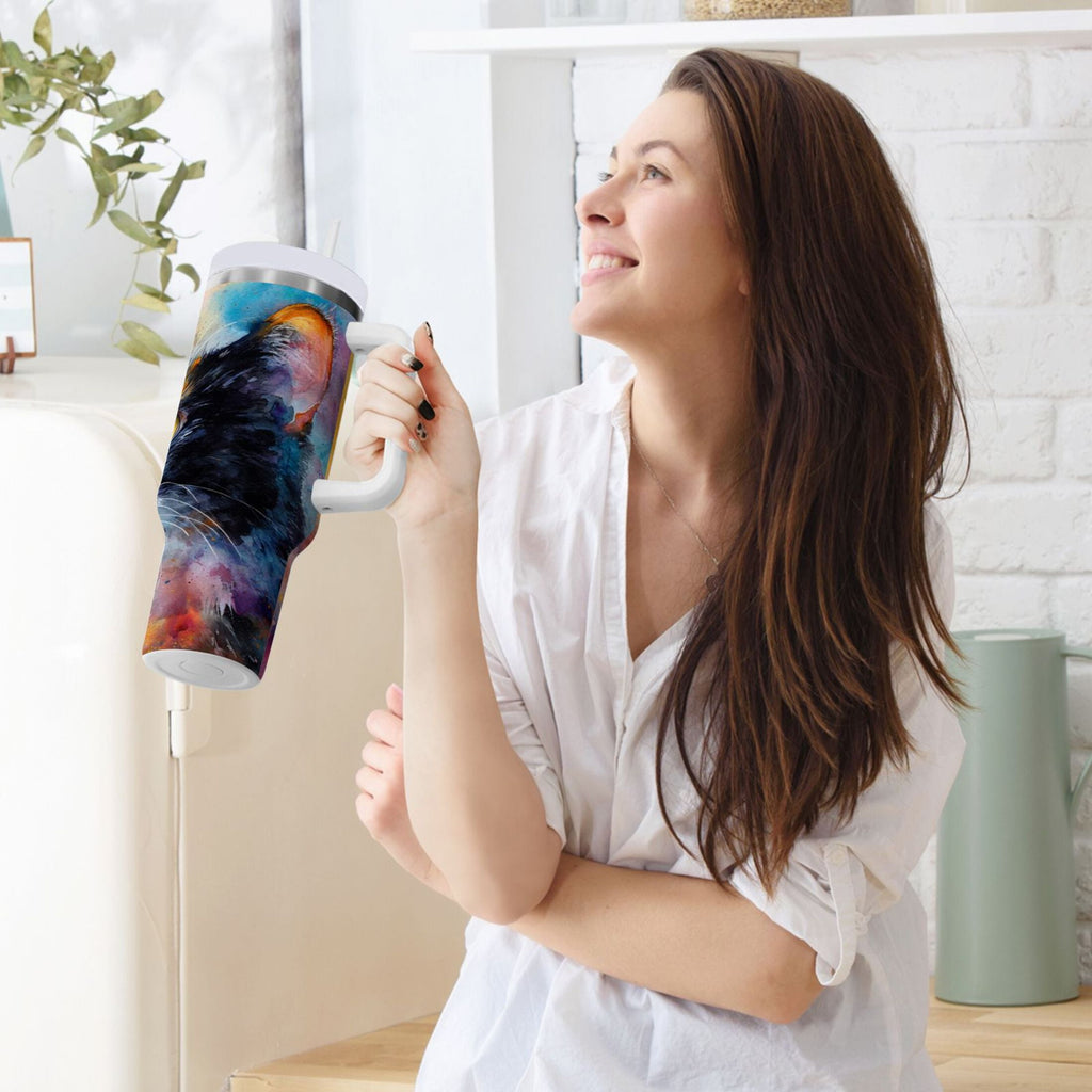 30 oz Insulated Stainless Steel Tumbler Double Wall Stainless Steel Tumbler with 2-Way Drinking Watercolor Calico Cat - W835