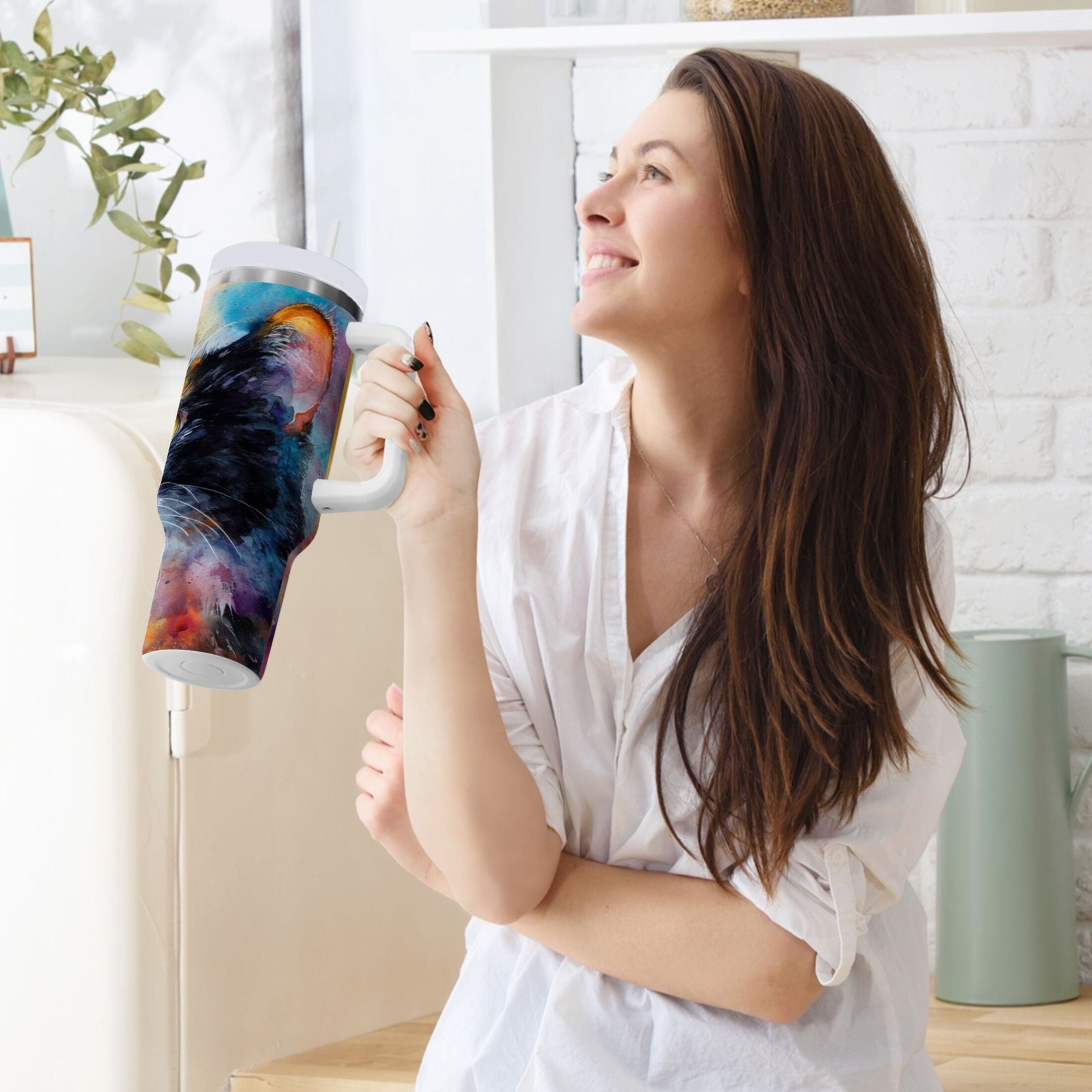 30 oz Insulated Stainless Steel Tumbler Double Wall Stainless Steel Tumbler with 2-Way Drinking Watercolor Calico Cat - W835