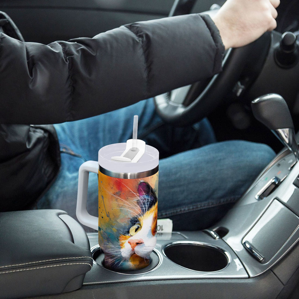 30 oz Insulated Stainless Steel Tumbler Double Wall Stainless Steel Tumbler with 2-Way Drinking Watercolor Calico Cat - W835