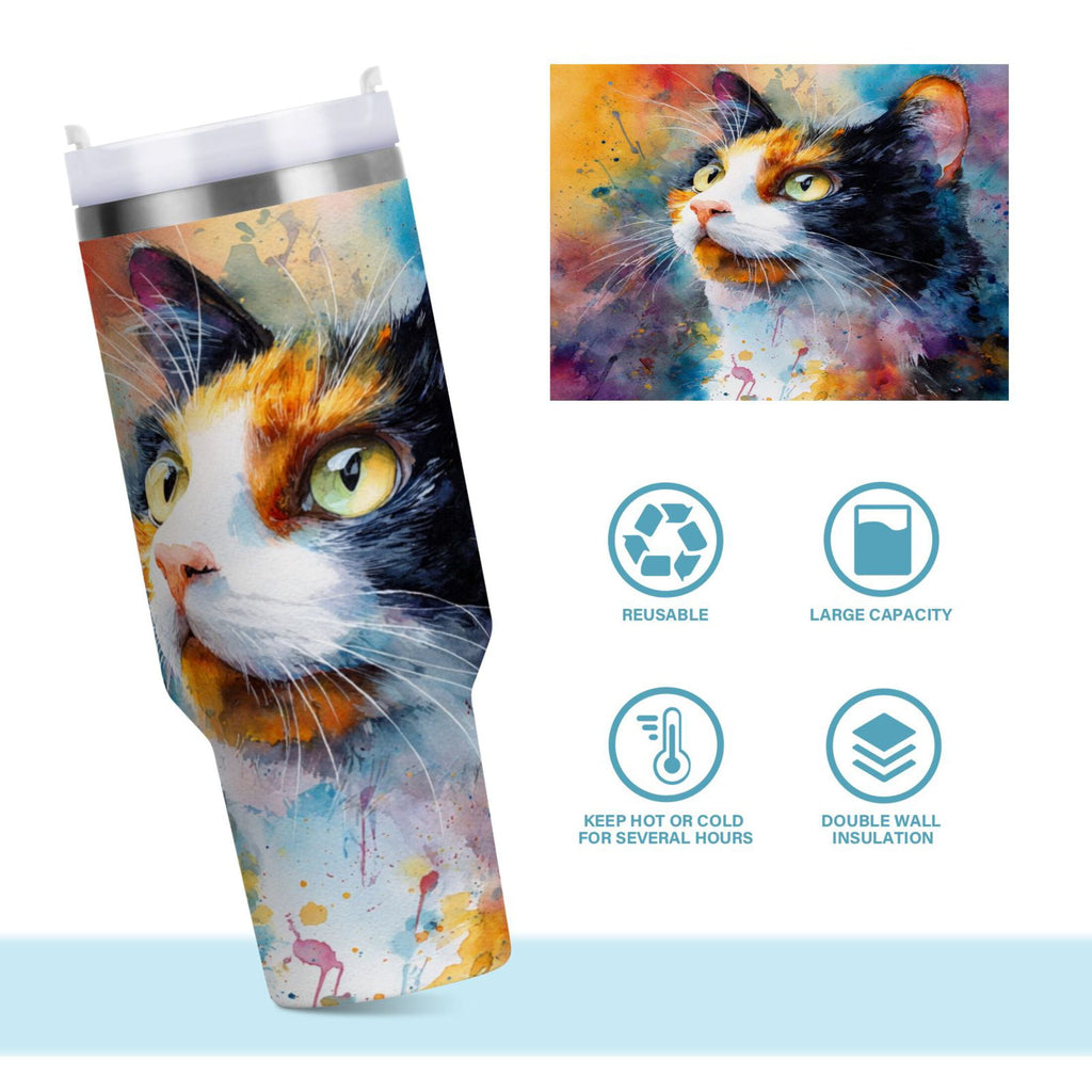 30 oz Insulated Stainless Steel Tumbler Double Wall Stainless Steel Tumbler with 2-Way Drinking Watercolor Calico Cat - W835
