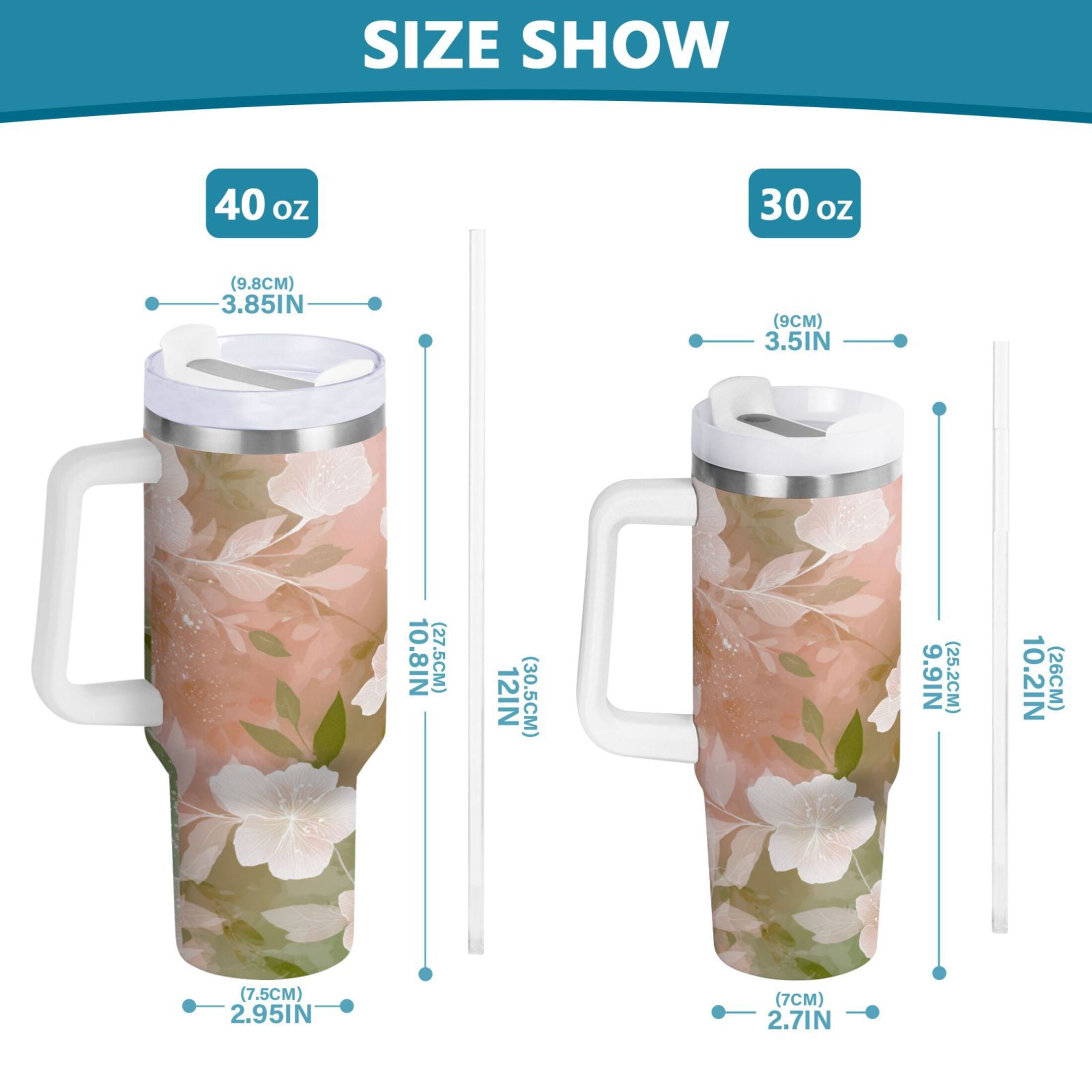 30 oz Insulated Stainless Steel Tumbler Double Wall Stainless Steel Tumbler with 2-Way Drinking Gradient Elegant Floral - FZON