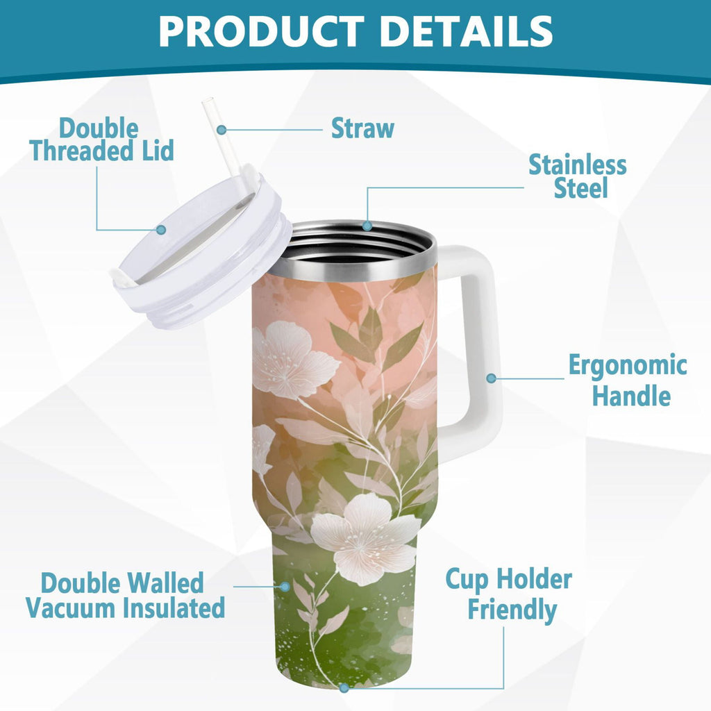 30 oz Insulated Stainless Steel Tumbler Double Wall Stainless Steel Tumbler with 2-Way Drinking Gradient Elegant Floral - FZON