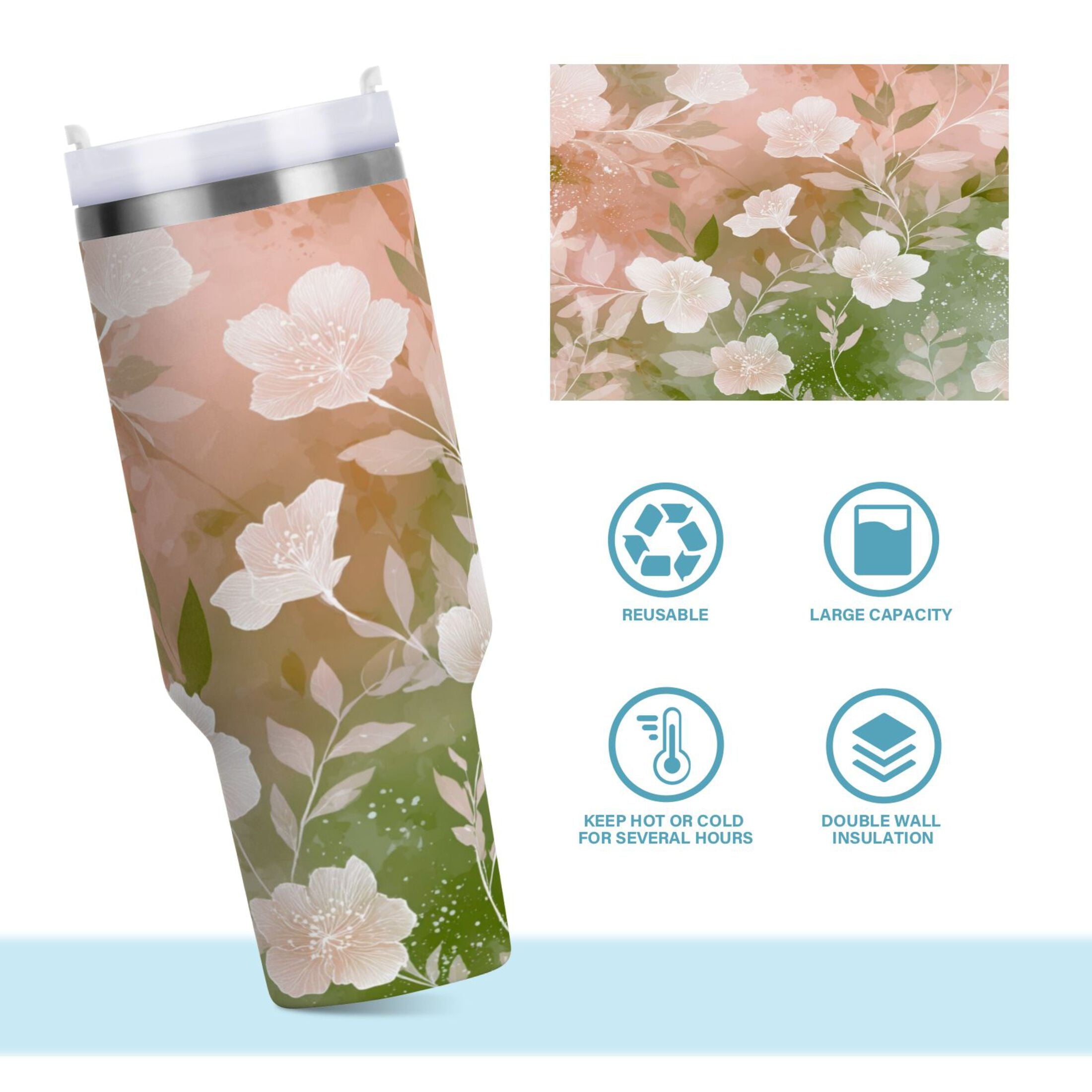 30 oz Insulated Stainless Steel Tumbler Double Wall Stainless Steel Tumbler with 2-Way Drinking Gradient Elegant Floral - FZON