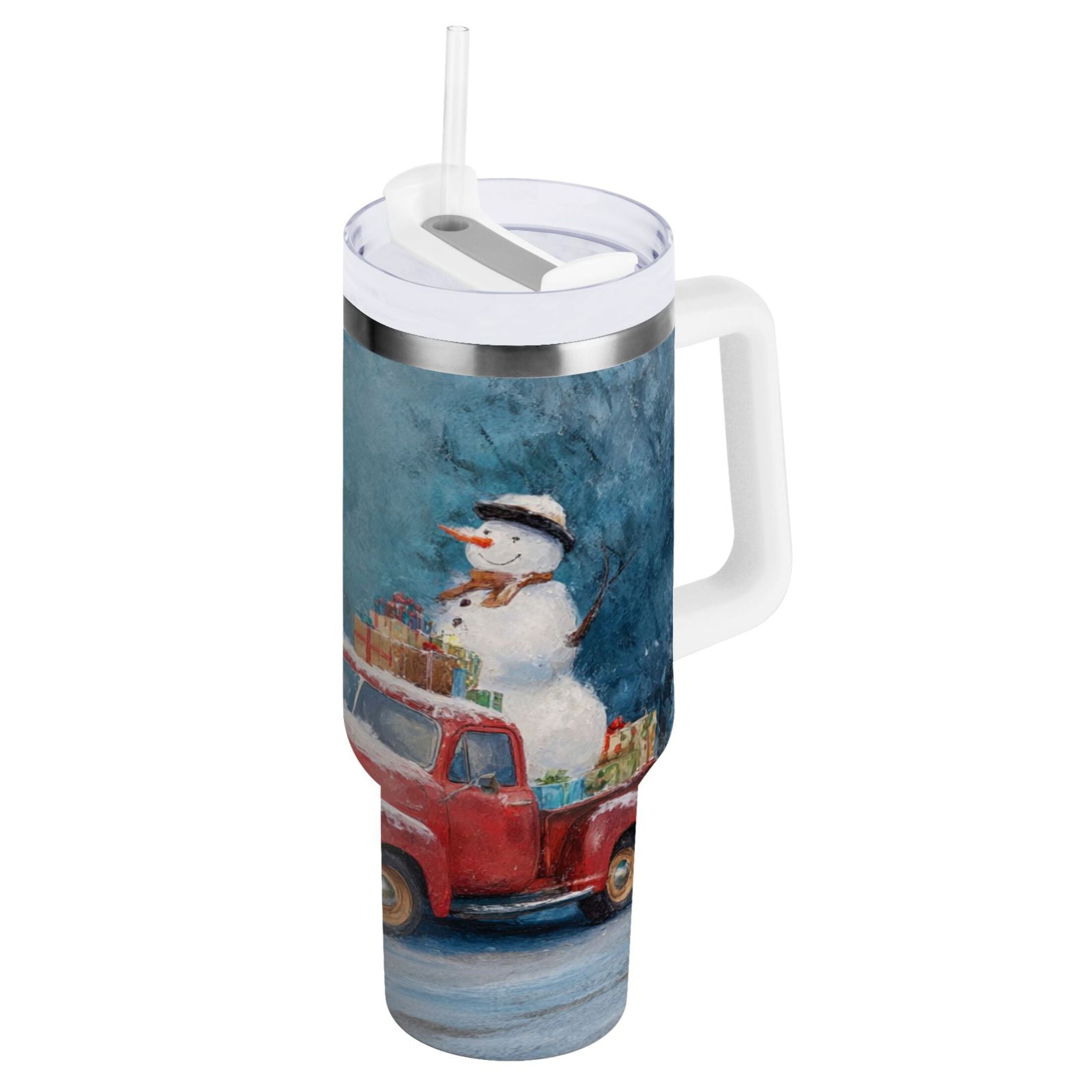 40 oz Insulated Stainless Steel Tumbler Double Wall Stainless Steel Tumbler with 2-Way Drinking Christmas Snowman in A Red Truck - D7O6