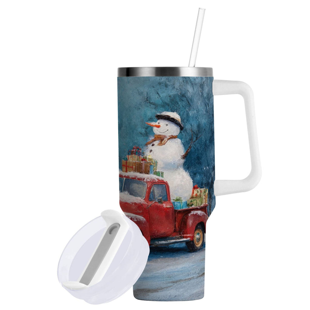 40 oz Insulated Stainless Steel Tumbler Double Wall Stainless Steel Tumbler with 2-Way Drinking Christmas Snowman in A Red Truck - D7O6
