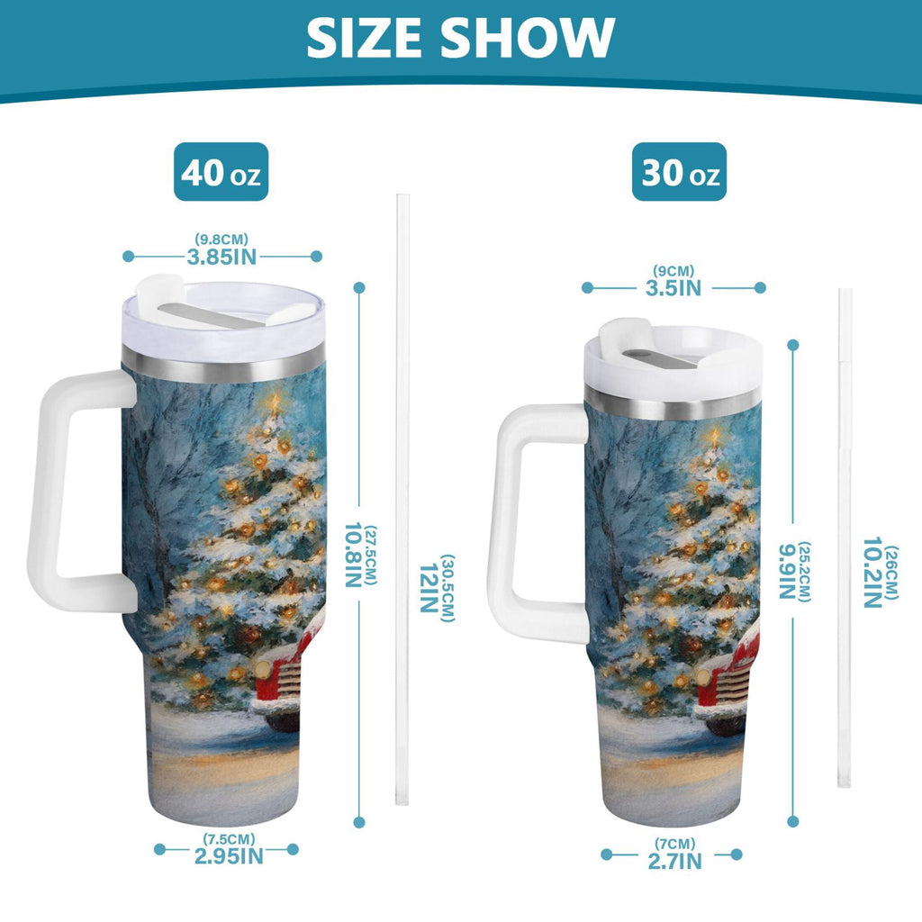 40 oz Insulated Stainless Steel Tumbler Double Wall Stainless Steel Tumbler with 2-Way Drinking Christmas Snowman in A Red Truck - D7O6