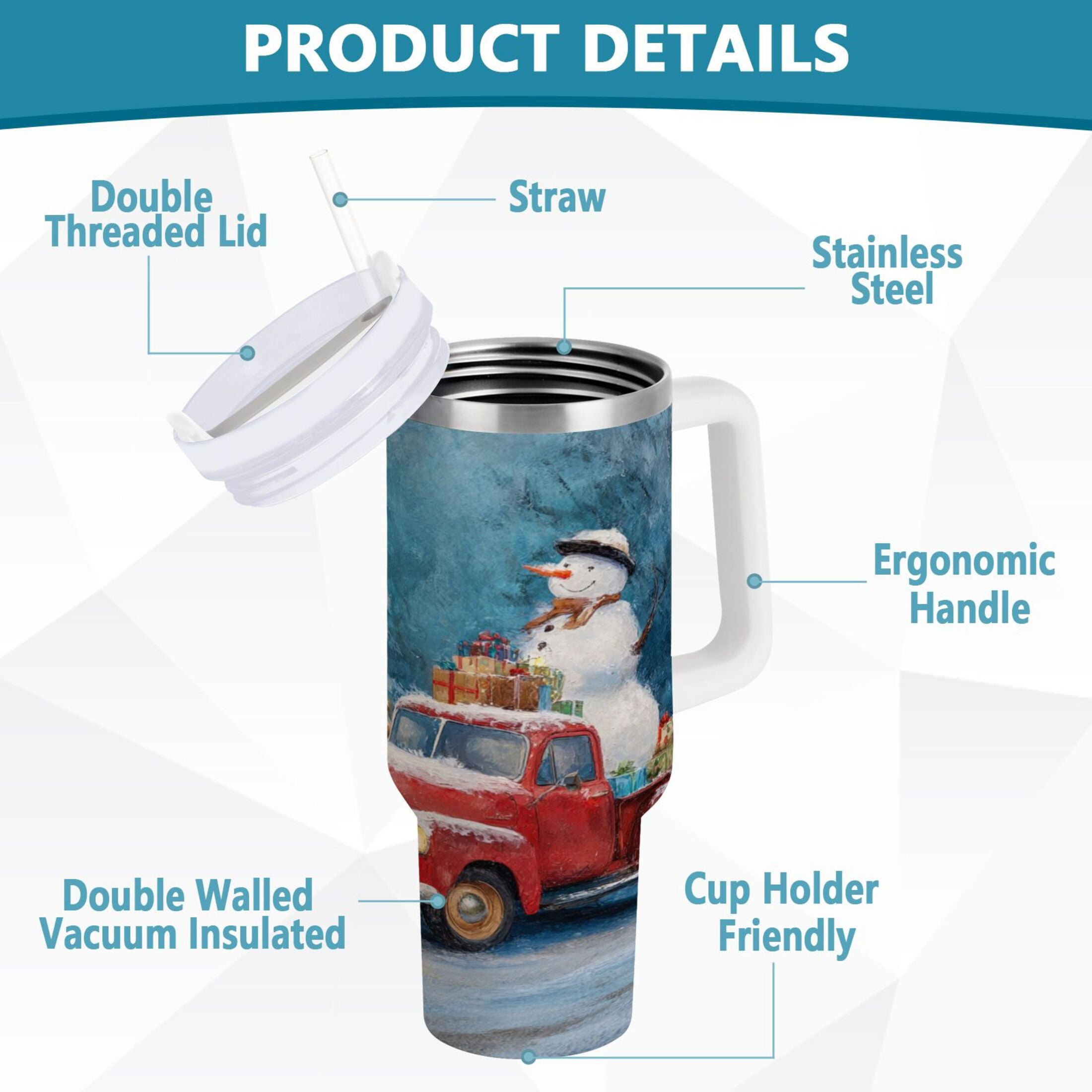 40 oz Insulated Stainless Steel Tumbler Double Wall Stainless Steel Tumbler with 2-Way Drinking Christmas Snowman in A Red Truck - D7O6