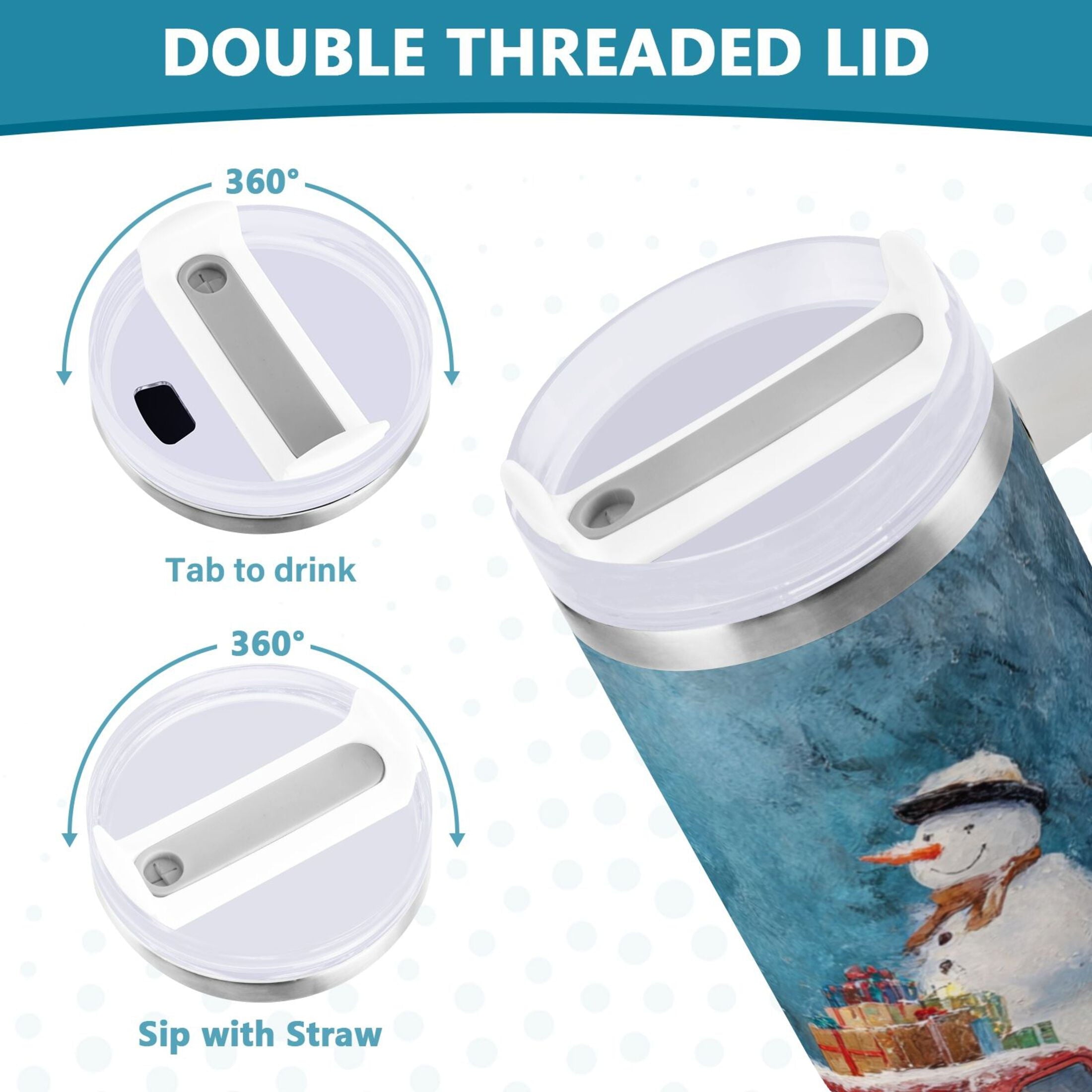 40 oz Insulated Stainless Steel Tumbler Double Wall Stainless Steel Tumbler with 2-Way Drinking Christmas Snowman in A Red Truck - D7O6