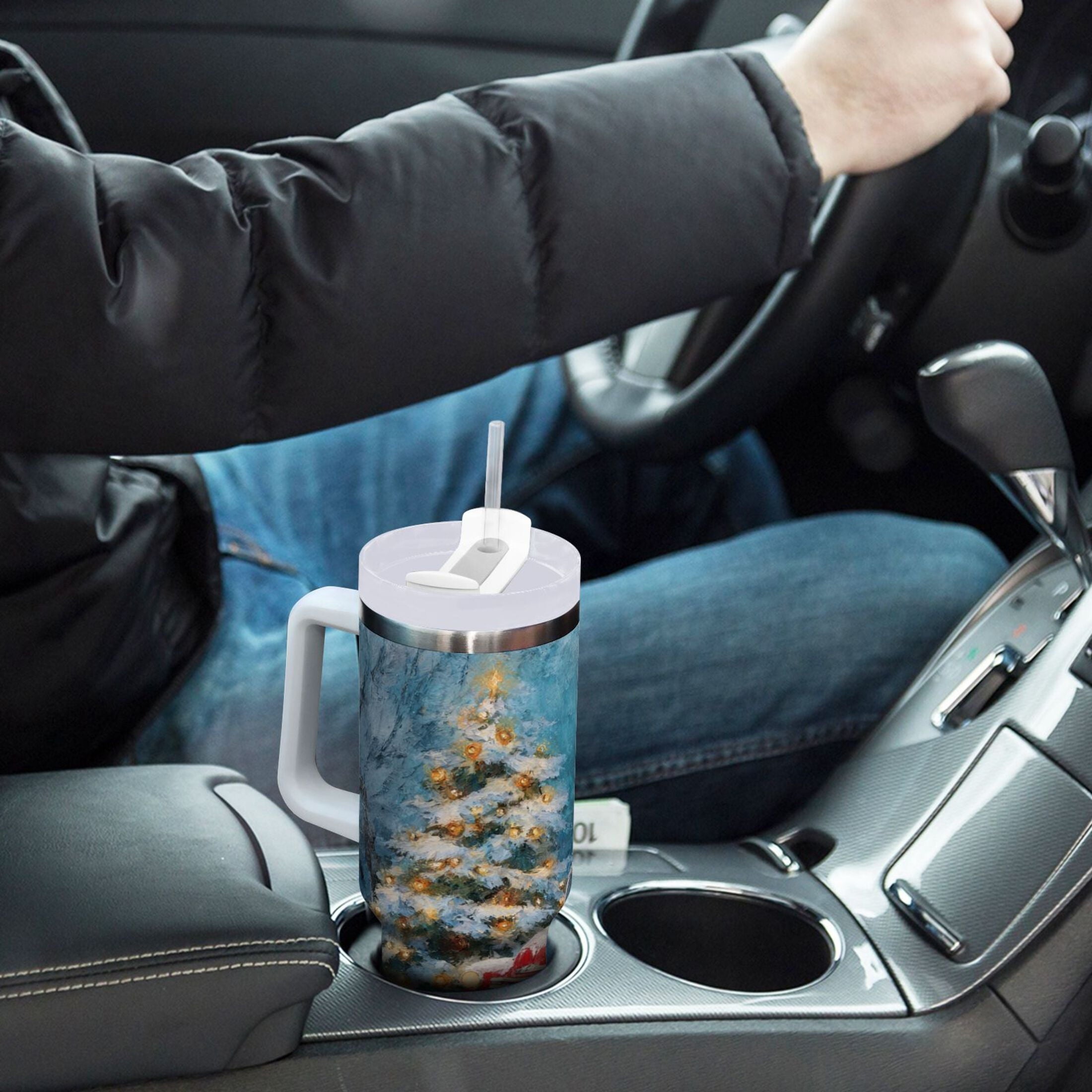 40 oz Insulated Stainless Steel Tumbler Double Wall Stainless Steel Tumbler with 2-Way Drinking Christmas Snowman in A Red Truck - D7O6
