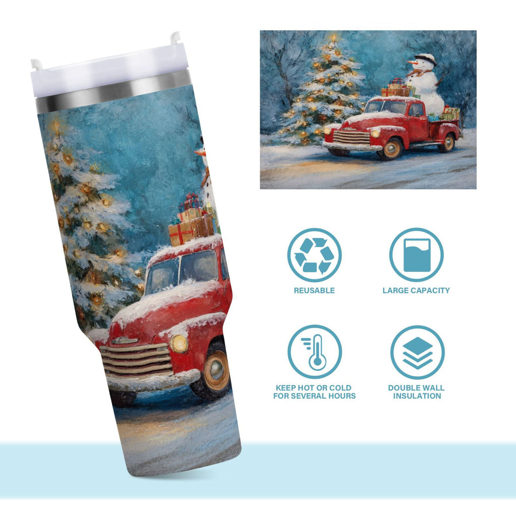 40 oz Insulated Stainless Steel Tumbler Double Wall Stainless Steel Tumbler with 2-Way Drinking Christmas Snowman in A Red Truck - D7O6