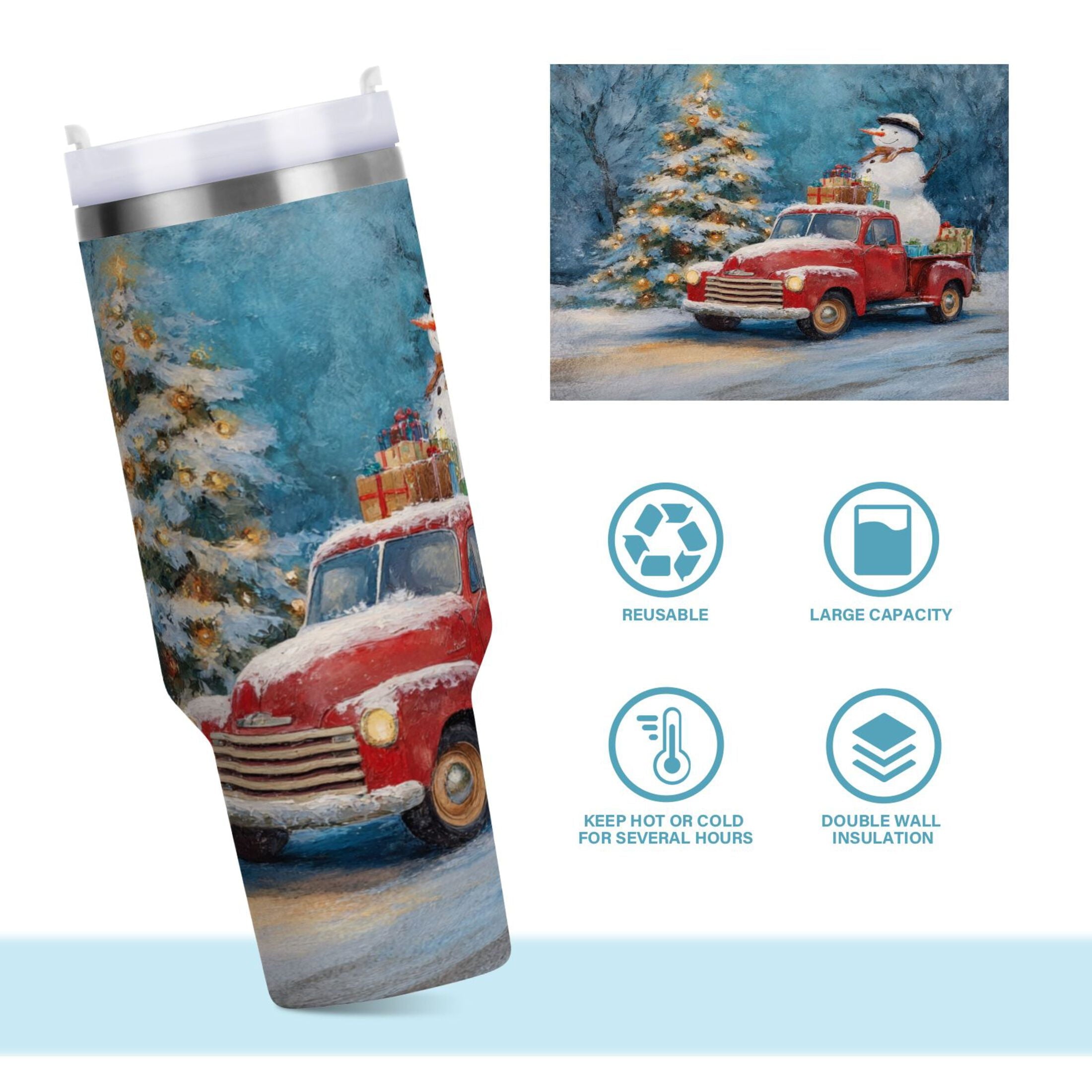 40 oz Insulated Stainless Steel Tumbler Double Wall Stainless Steel Tumbler with 2-Way Drinking Christmas Snowman in A Red Truck - D7O6