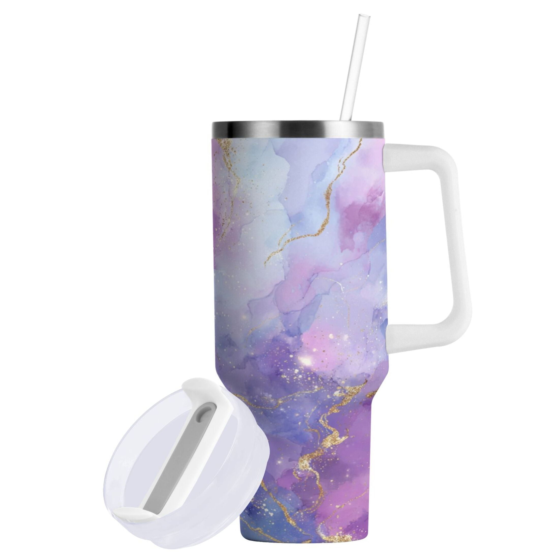 40 oz Insulated Stainless Steel Tumbler Double Wall Stainless Steel Tumbler with 2-Way Drinking Pink and Blue Marble Texture - 6EKH