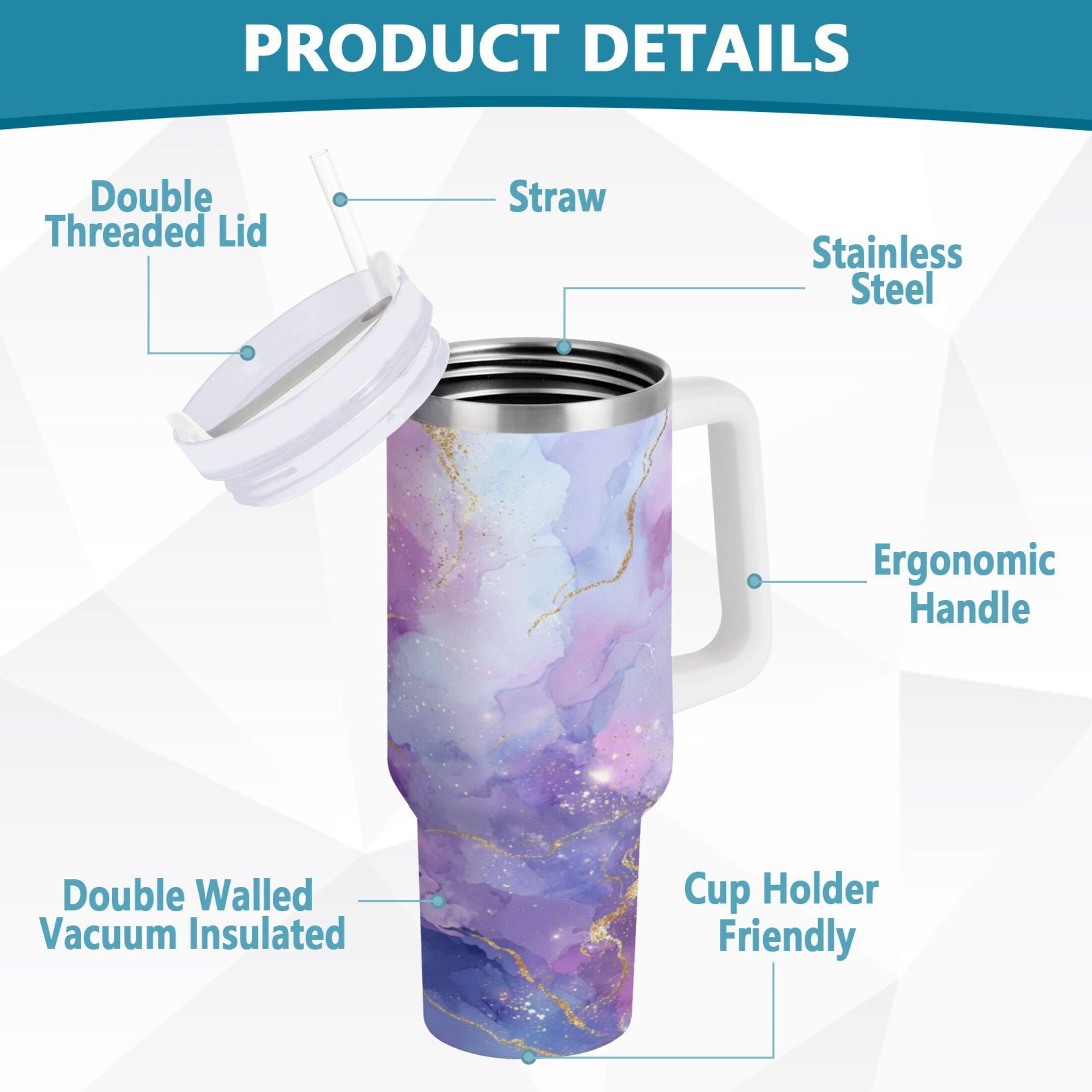 40 oz Insulated Stainless Steel Tumbler Double Wall Stainless Steel Tumbler with 2-Way Drinking Pink and Blue Marble Texture - 6EKH