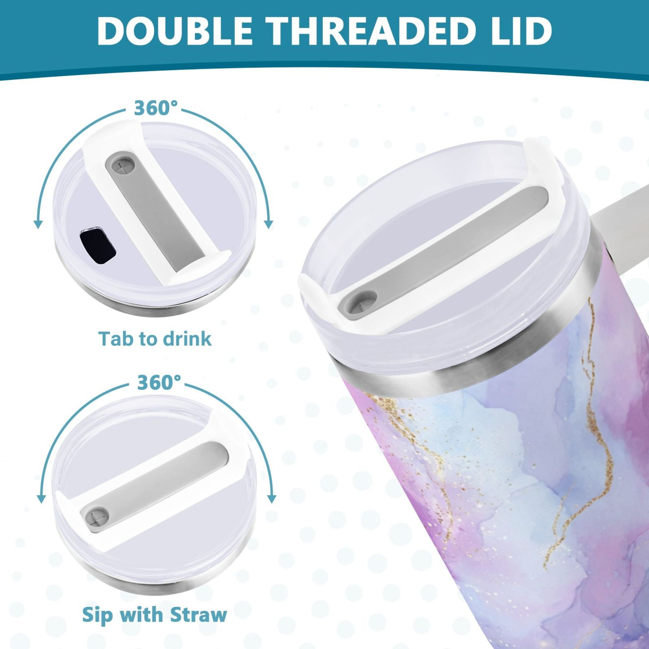 40 oz Insulated Stainless Steel Tumbler Double Wall Stainless Steel Tumbler with 2-Way Drinking Pink and Blue Marble Texture - 6EKH