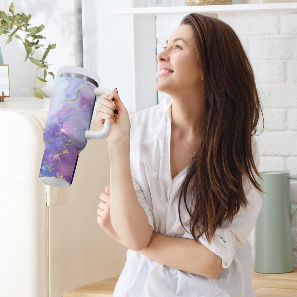 40 oz Insulated Stainless Steel Tumbler Double Wall Stainless Steel Tumbler with 2-Way Drinking Pink and Blue Marble Texture - 6EKH