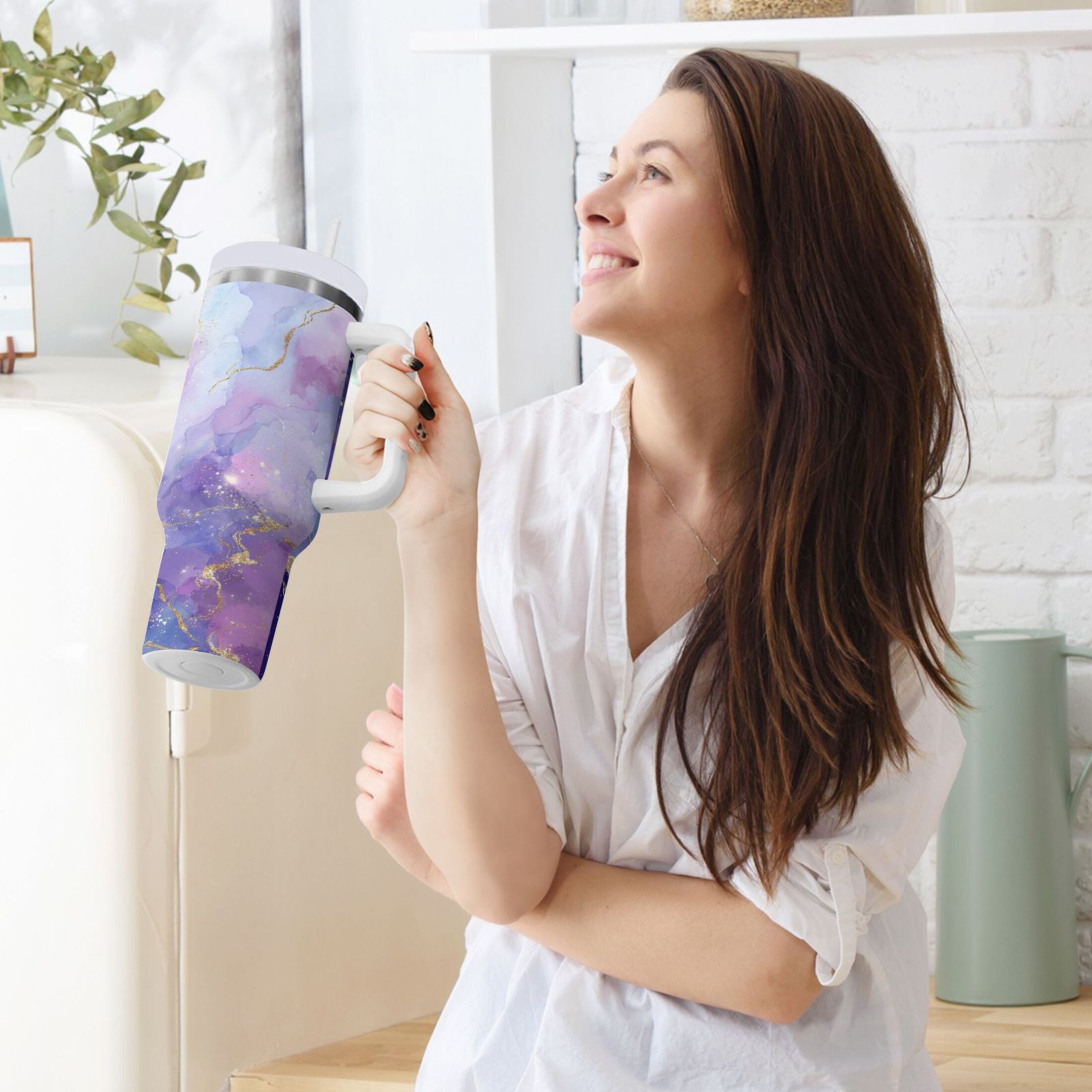 40 oz Insulated Stainless Steel Tumbler Double Wall Stainless Steel Tumbler with 2-Way Drinking Pink and Blue Marble Texture - 6EKH