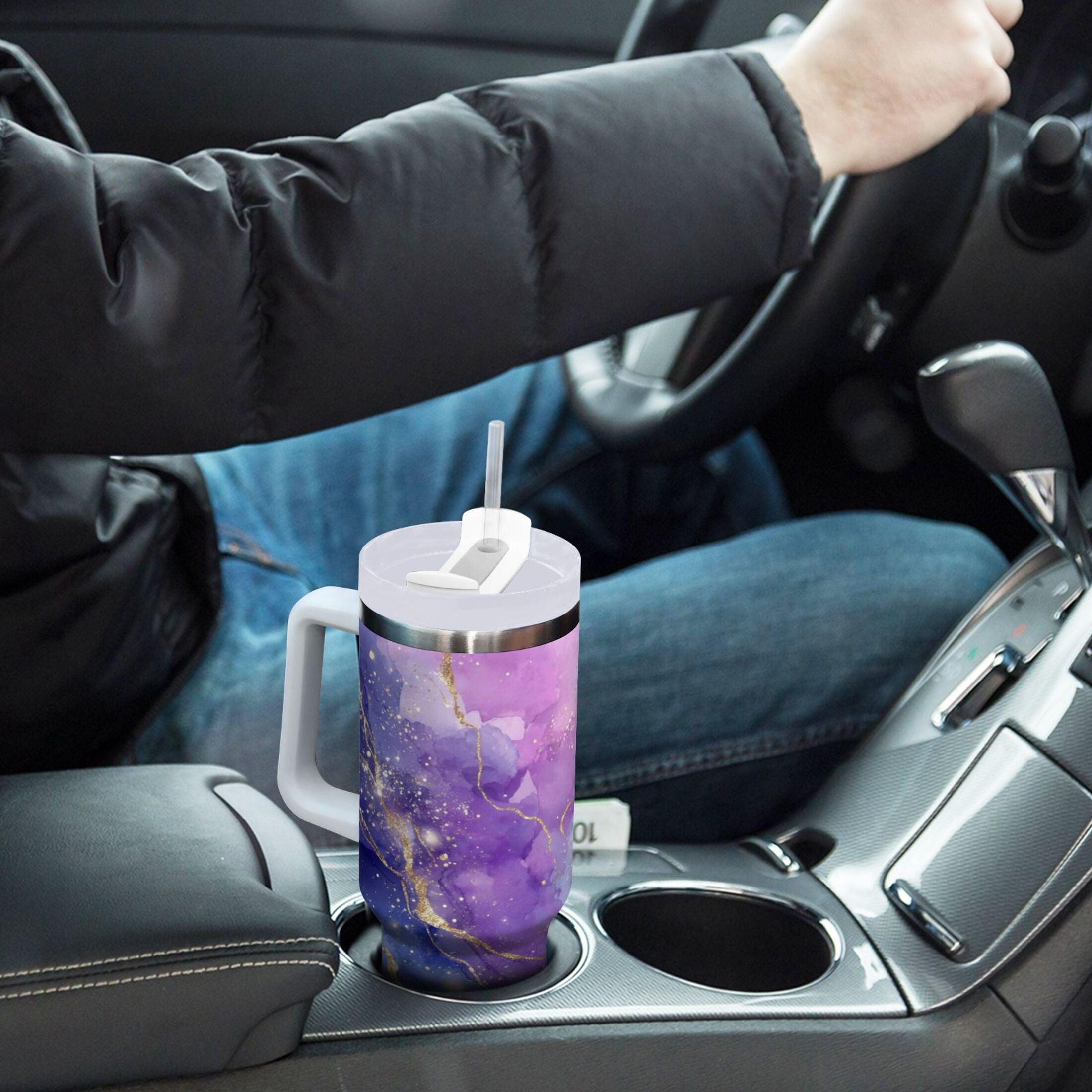 40 oz Insulated Stainless Steel Tumbler Double Wall Stainless Steel Tumbler with 2-Way Drinking Pink and Blue Marble Texture - 6EKH
