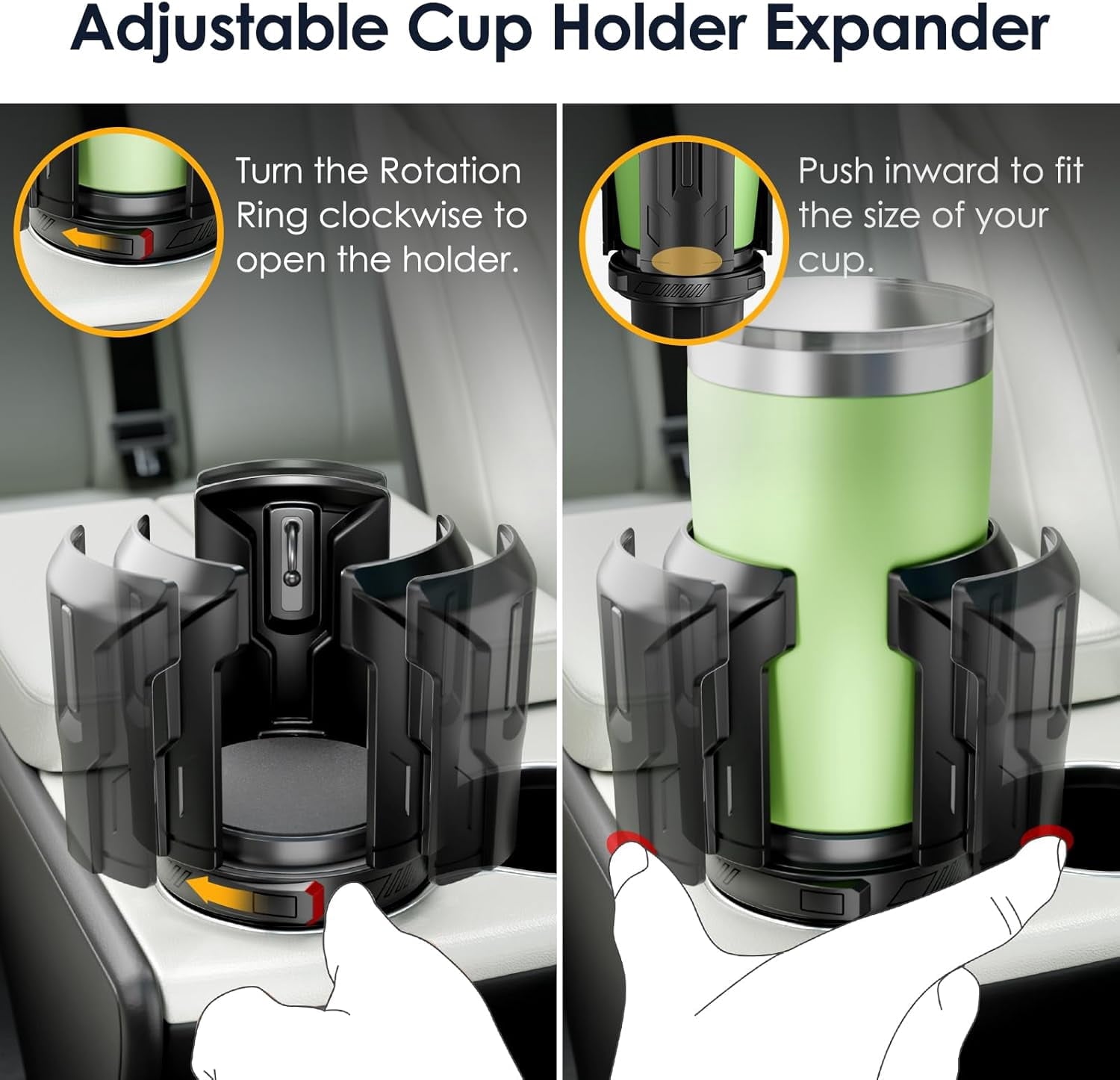 Cup Holder Expander: One-Button Open, Universal, Adjustable Holder(Diameter 2.6"- 4.8"), Cup Holder Expander for , , Nalgene, Takeya, Camelbak, Ramblers, , Tumblers, Mugs - V47Y
