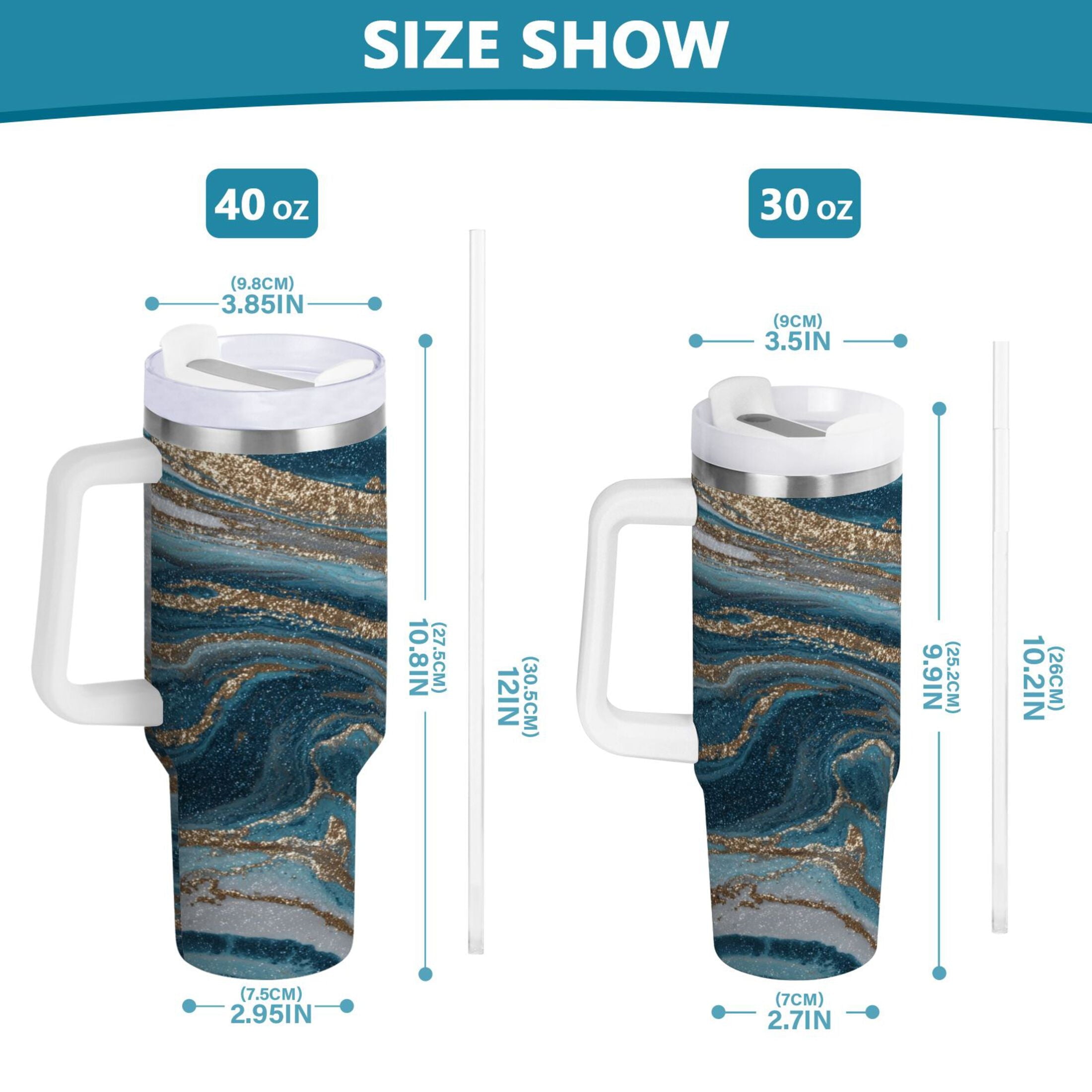 30 oz Insulated Stainless Steel Tumbler Double Wall Stainless Steel Tumbler with 2-Way Drinking Blue and Gold Swirling - LW18