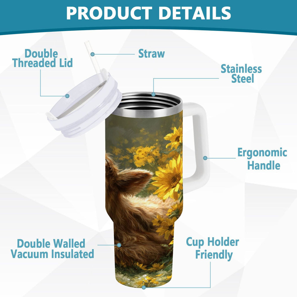 40 oz Insulated Stainless Steel Tumbler Double Wall Stainless Steel Tumbler with 2-Way Drinking Cow Lying in Sunflowers - WSHB