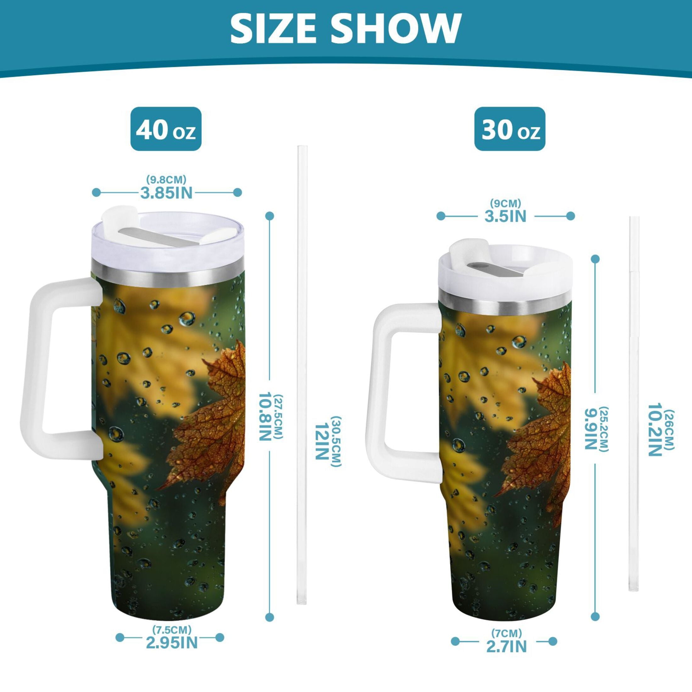 30 oz Insulated Stainless Steel Tumbler Double Wall Stainless Steel Tumbler with 2-Way Drinking Leaves with Water Droplets - 7056