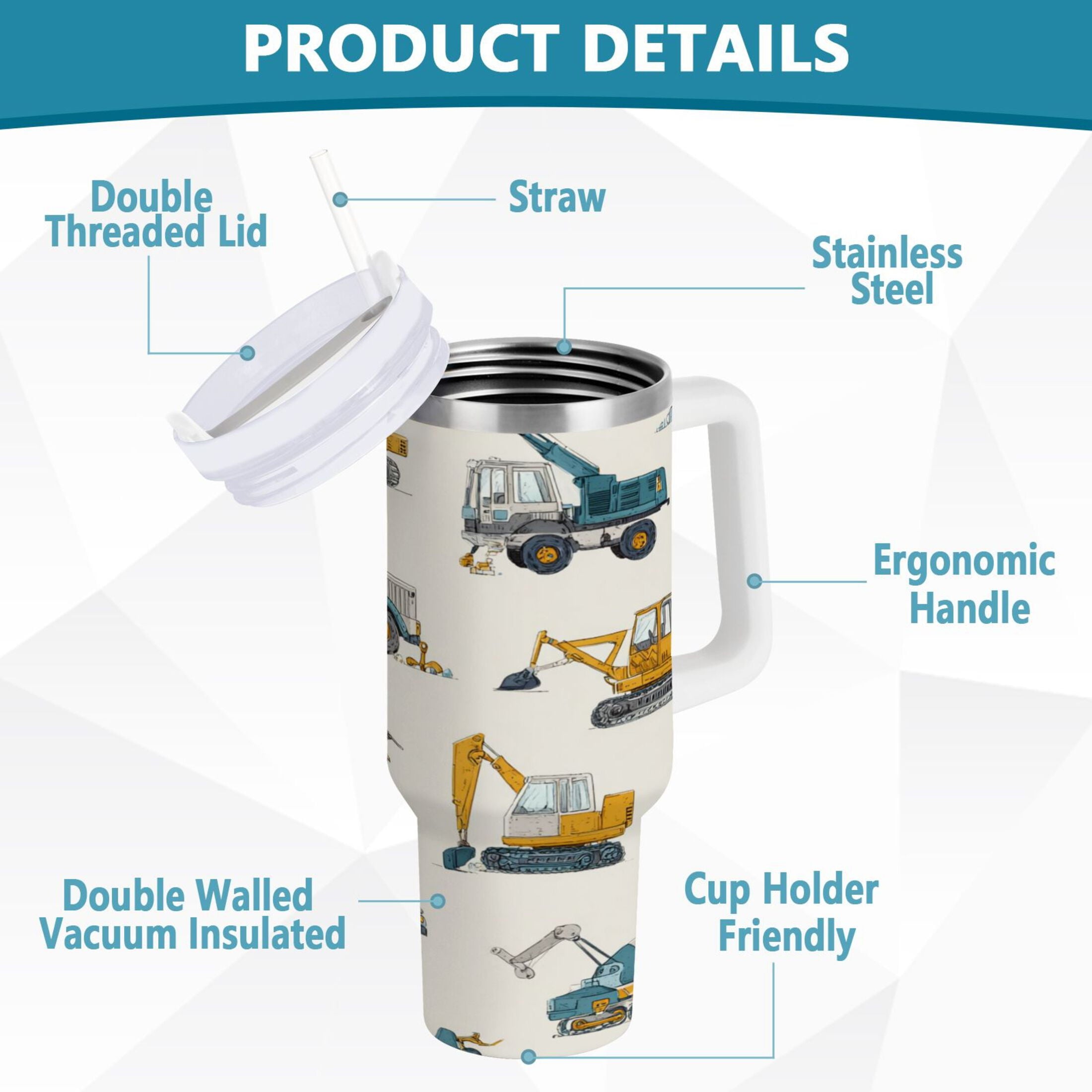 30 oz Insulated Stainless Steel Tumbler Double Wall Stainless Steel Tumbler with 2-Way Drinking Engineering Vehicle Pattern - 5GC0