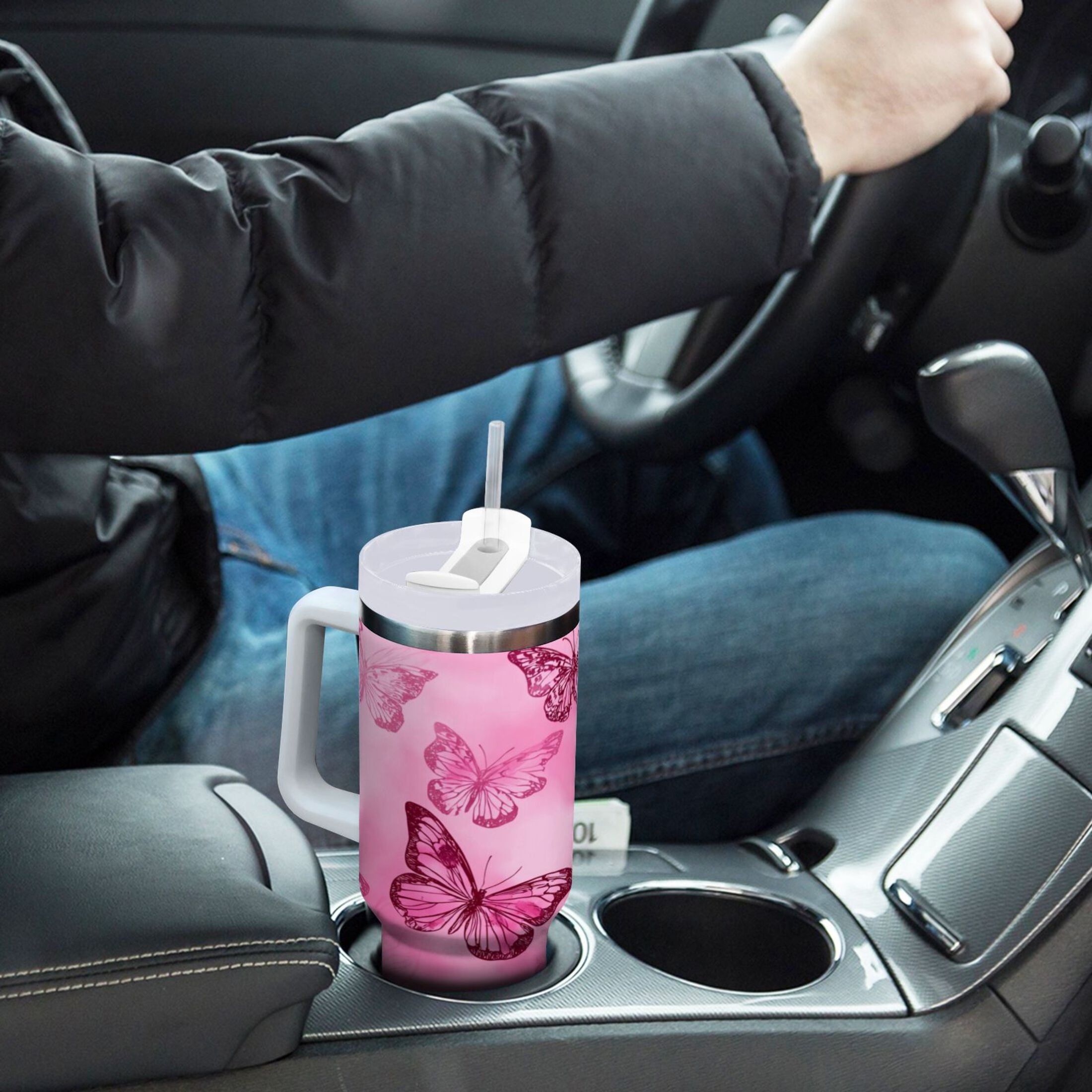 40 oz Insulated Stainless Steel Tumbler Double Wall Stainless Steel Tumbler with 2-Way Drinking Pink Butterfly Pattern - 6IJW