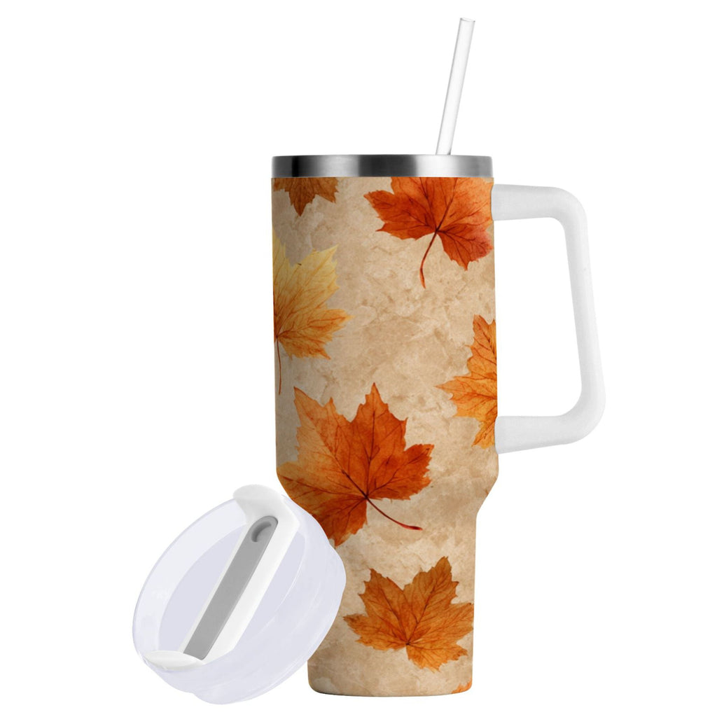 40 oz Insulated Stainless Steel Tumbler Double Wall Stainless Steel Tumbler with 2-Way Drinking Orange Autumn Leaves Pattern - 6ELM