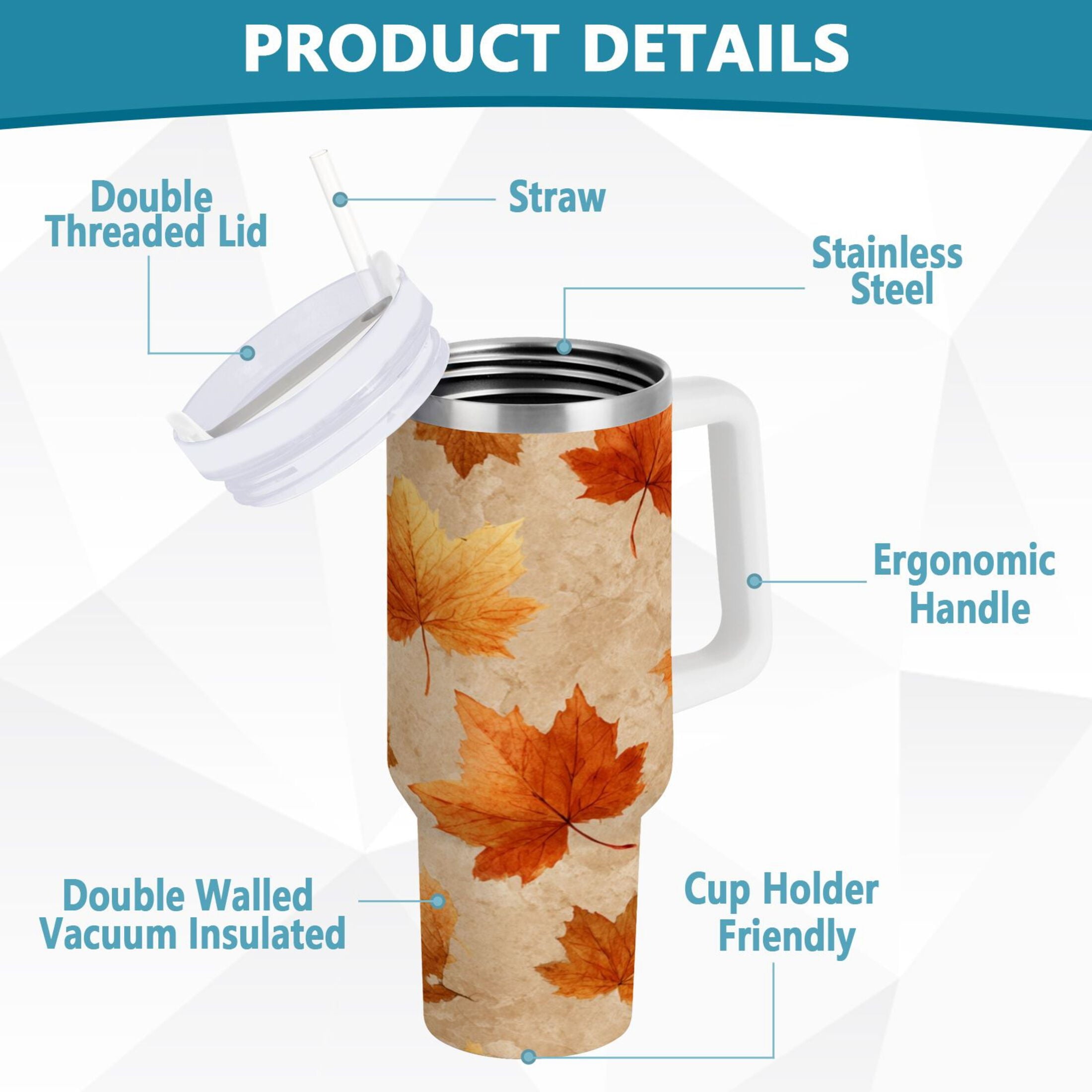 40 oz Insulated Stainless Steel Tumbler Double Wall Stainless Steel Tumbler with 2-Way Drinking Orange Autumn Leaves Pattern - 6ELM