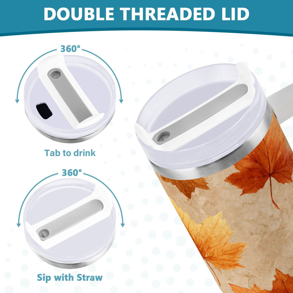 40 oz Insulated Stainless Steel Tumbler Double Wall Stainless Steel Tumbler with 2-Way Drinking Orange Autumn Leaves Pattern - 6ELM